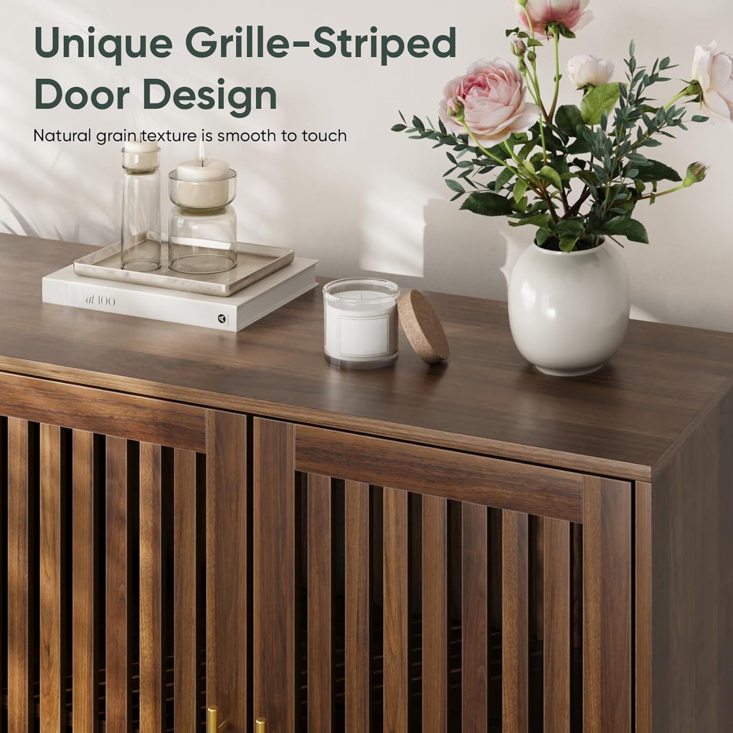Smart FENDEE 63"W Sideboard Storage Cabinet with Slatted Doors and Adjustable Shelf,Dining Room,Walnut