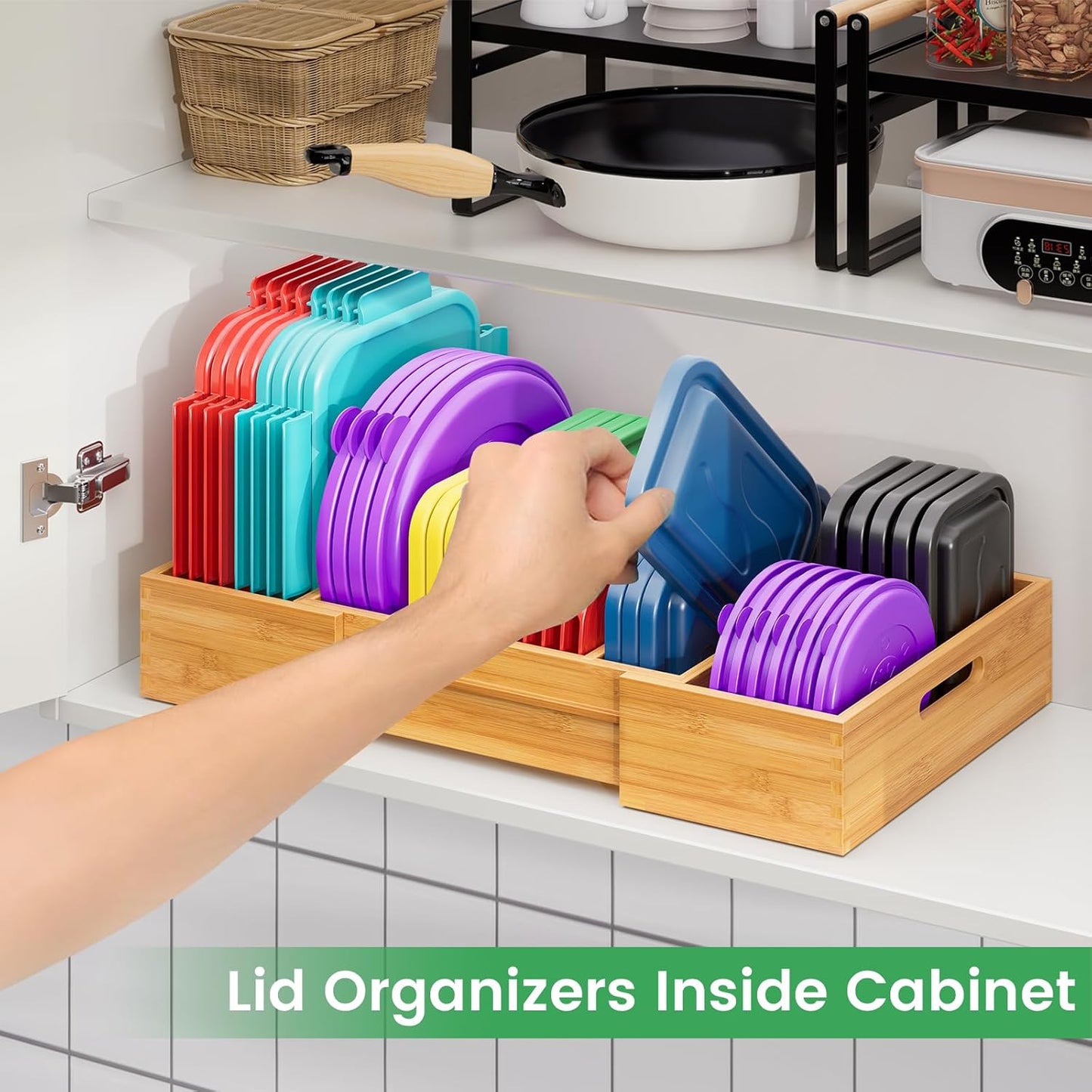 Semiocthome Bamboo Expandable Lid Organizer with 3 Adjustable Dividers,Drawer Caddy