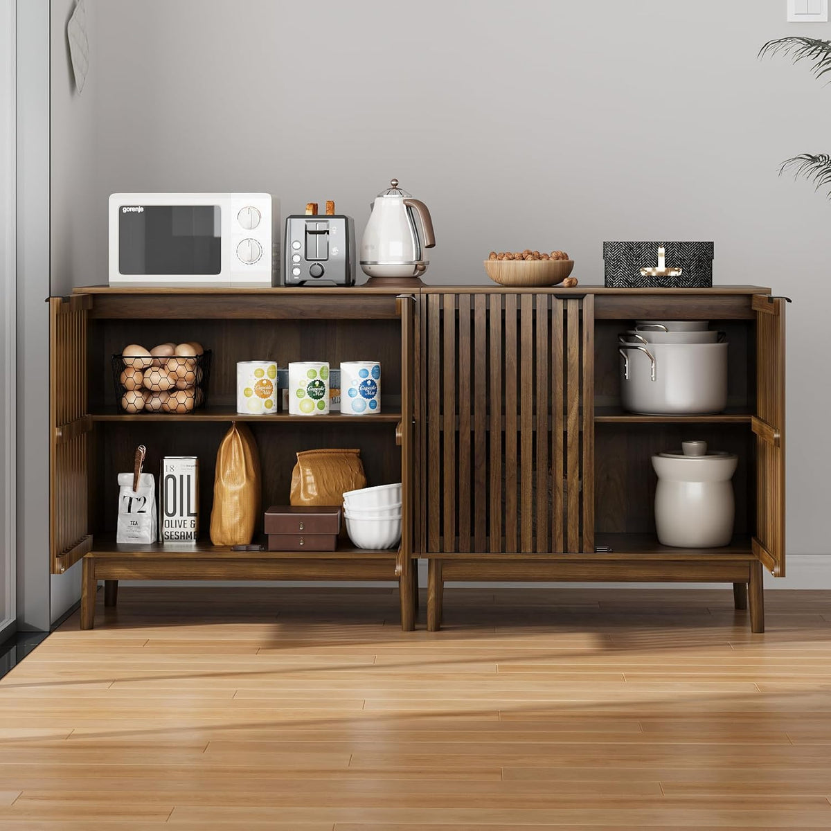 Smart FENDEE Kitchen Buffet Cabinet with Adjustable Shelf, Wood Coffee Bar Cabinet,Set of 2,Walnut
