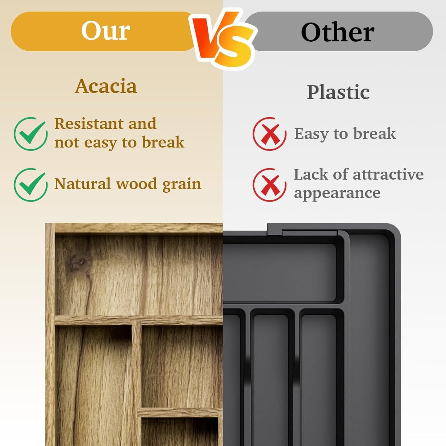 Semiocthome Acacia Wood Drawer Organizer Kitchen Silverware Organizer Utensil Caddy,6 Slots