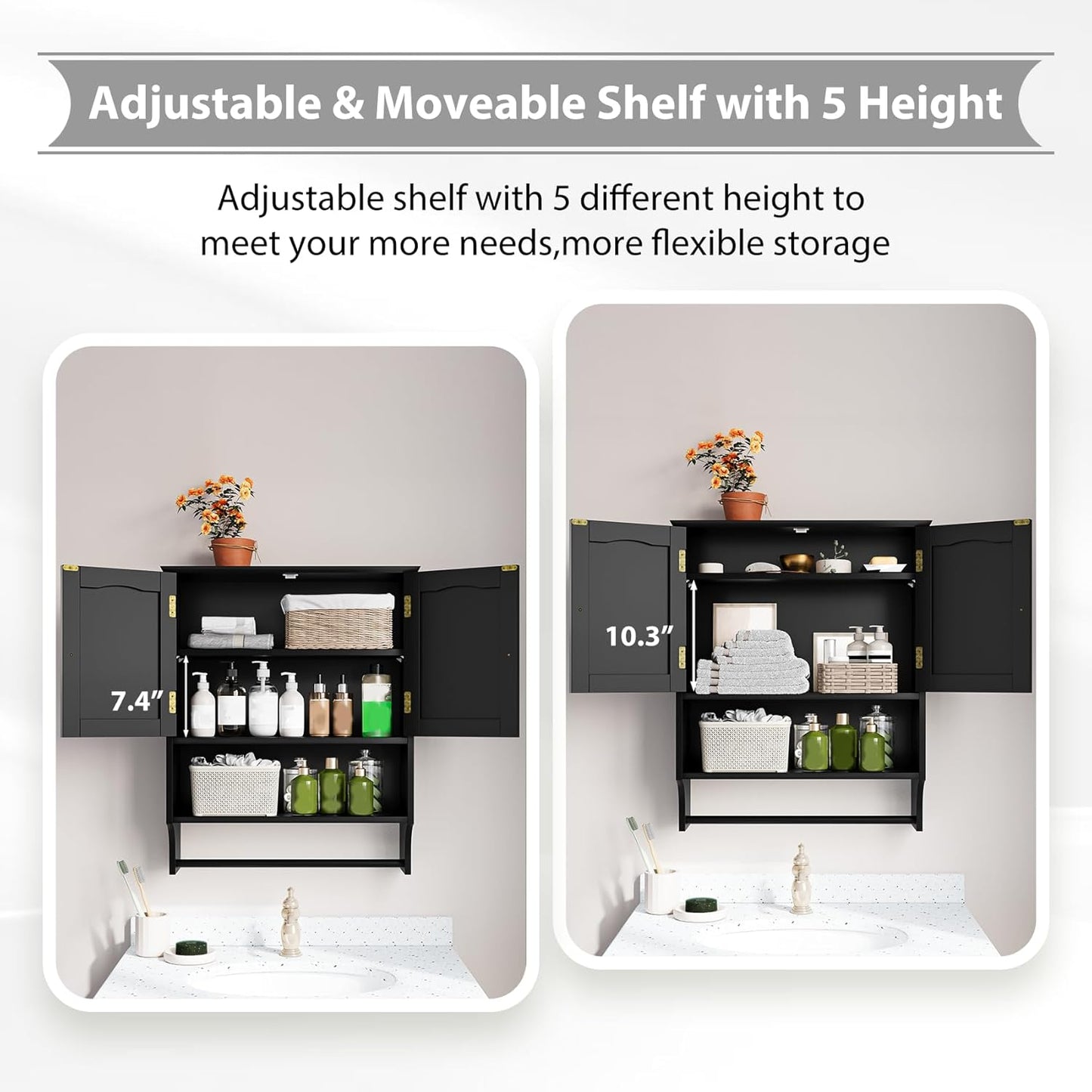 Semiocthome Bathroom Medicine Cabinet Wood 2 Doors Wall Cabinet over the Toilet Storage in Black