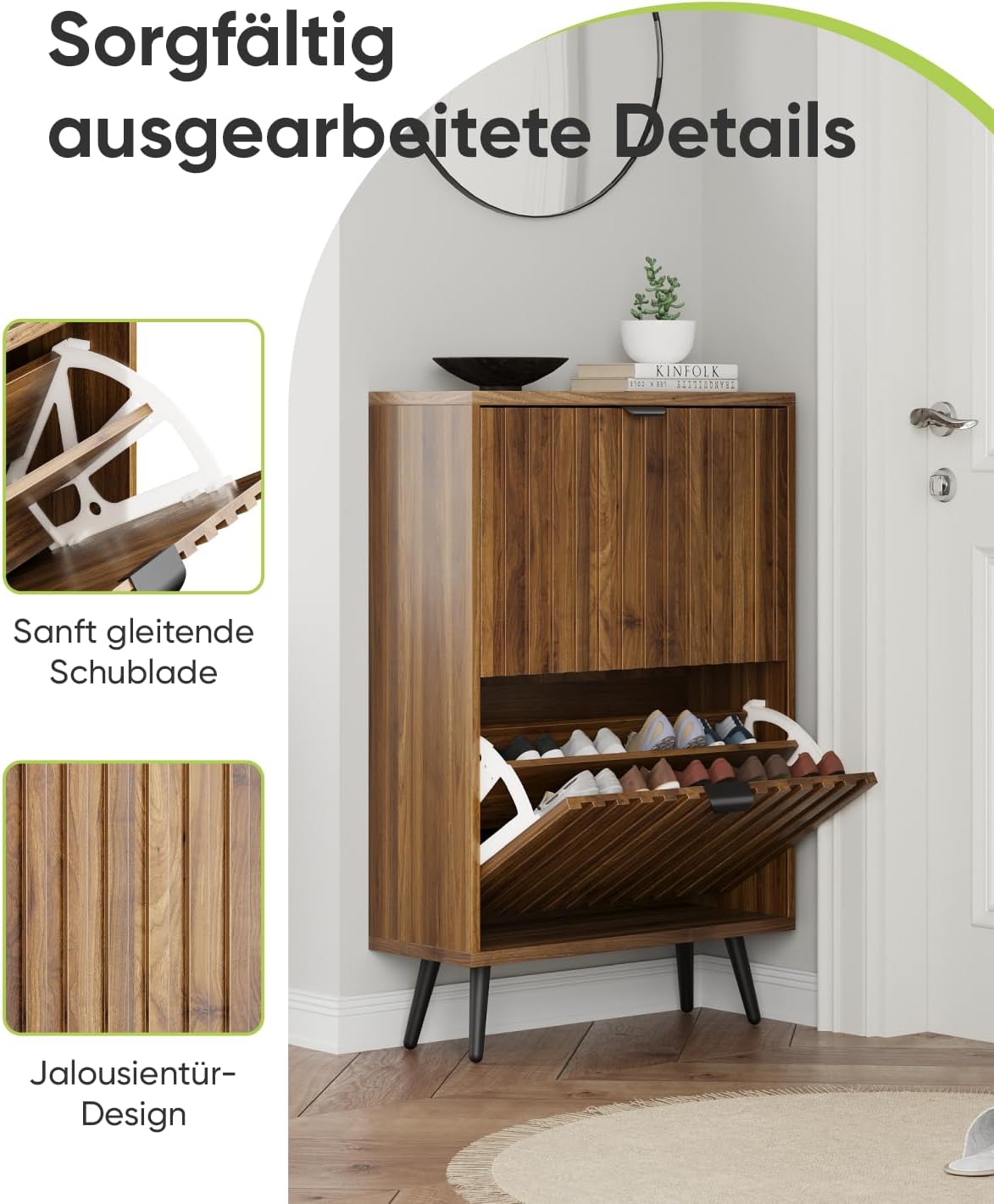Smart FENDEE Shoe Cabinet with 2 Flip Drawers Slim Shoe Storage Cabinet, Entryway, Walnut, 23.6 in