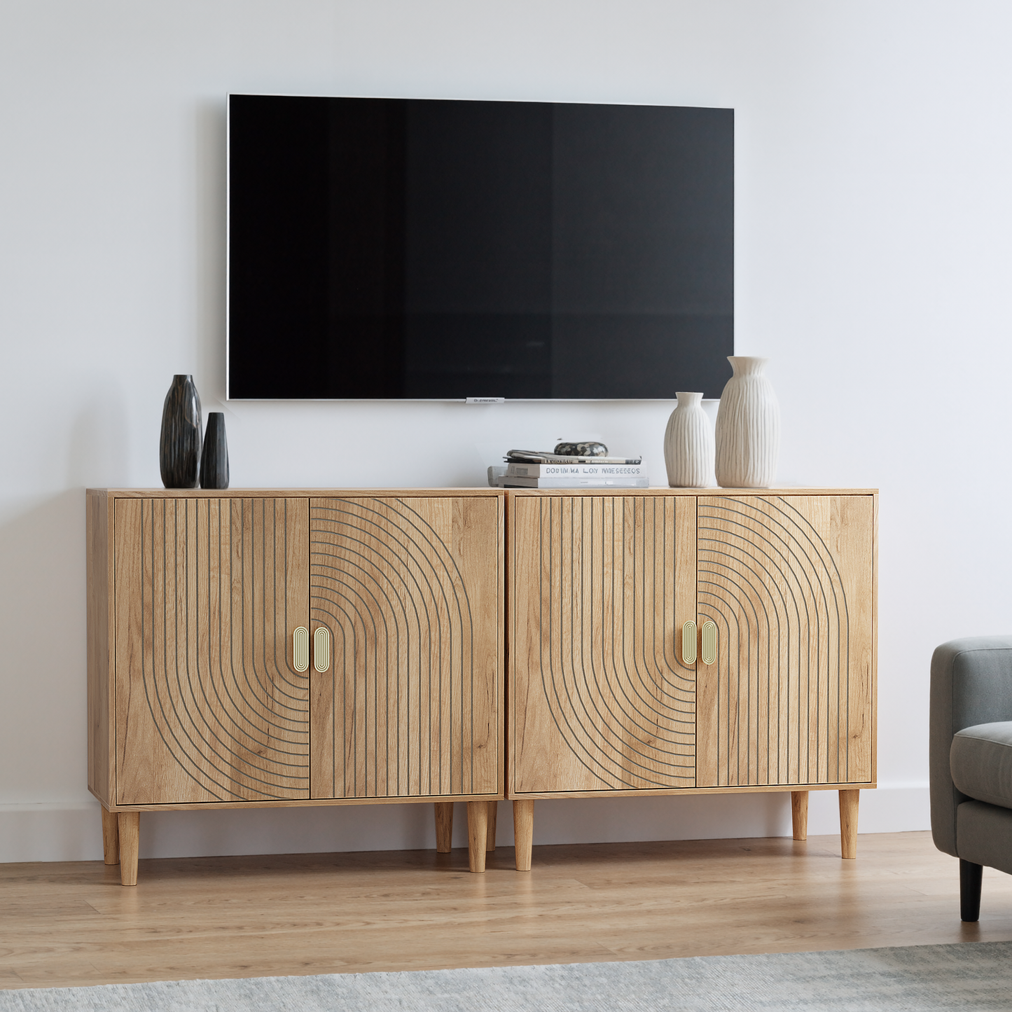 Semiocthome Sideboard Buffet Cabinet with Adjustable Shelf, Line Groove Design, Kitchen, Natural