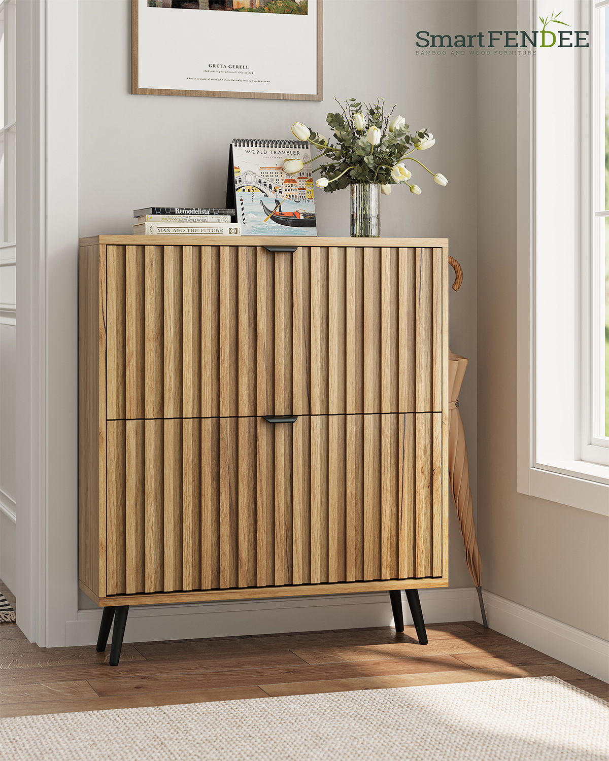 Smart FENDEE Shoe Cabinet with 2 Flip Drawers Freestanding Shoe Storage Cabinet, Entryway, Natural