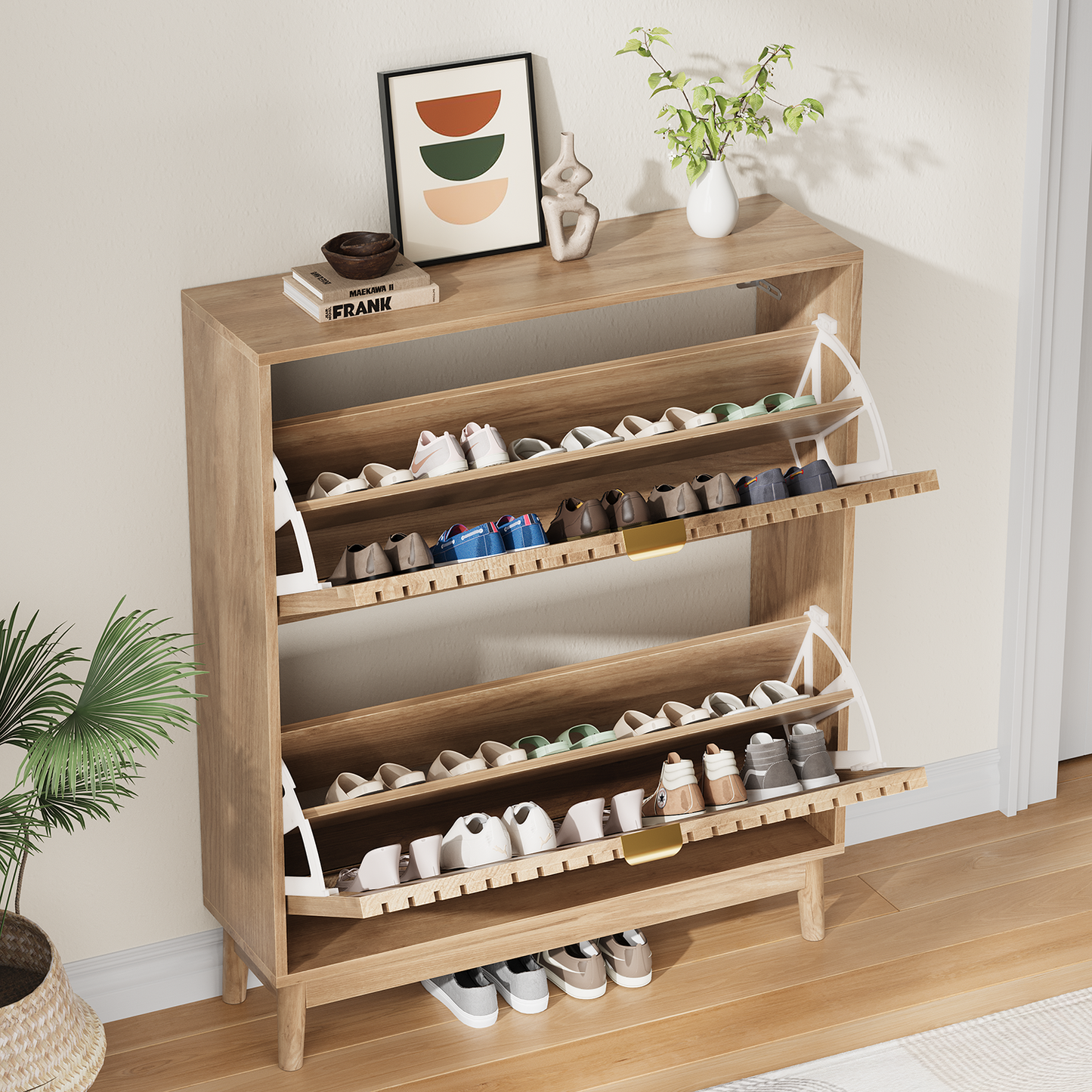 Semiocthome 31.5" Modern Shoe Cabinet, Shoe Storage Cabinet with 2 Flip Drawers for Entryway, Natural