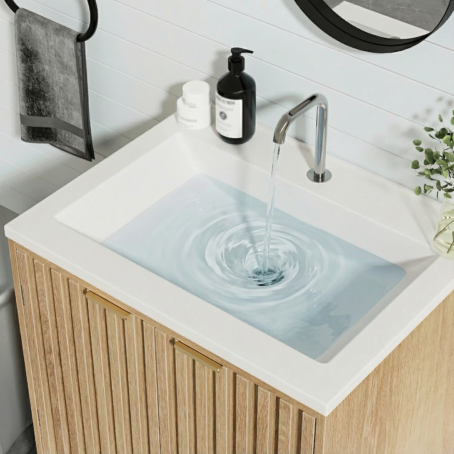 Semiocthome 24" Bathroom Vanity with Ceramic Sink, Storage Cabinet with Drawers and 2 Fluted Doors, Natural