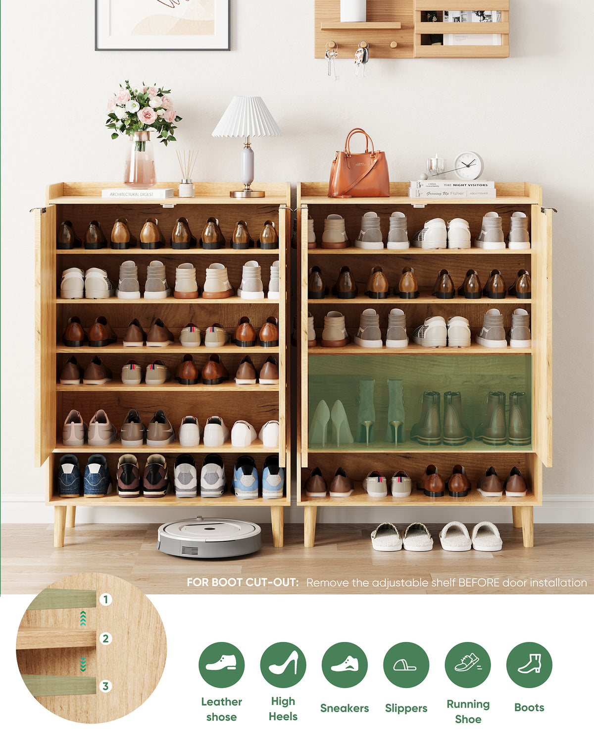 Smart FENDEE 6-Tier Shoe Storage Cabinet with 2 Fluted Doors, Entryway Shoe Storage, Natural