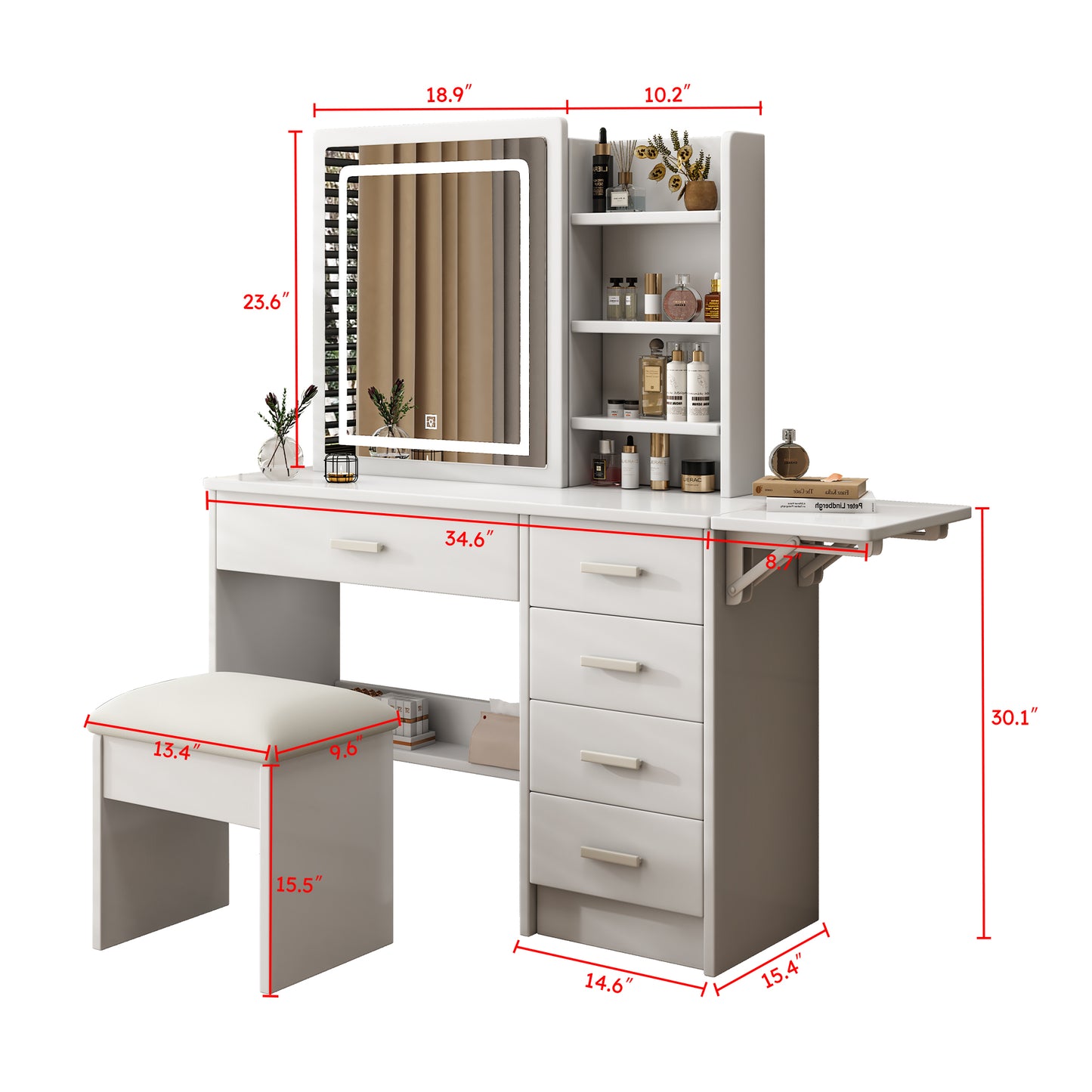 Smart FENDEE Modern Vanity Table Set with Mirror Lights, 5 Shelves,5 Drawers,Bedroom,White