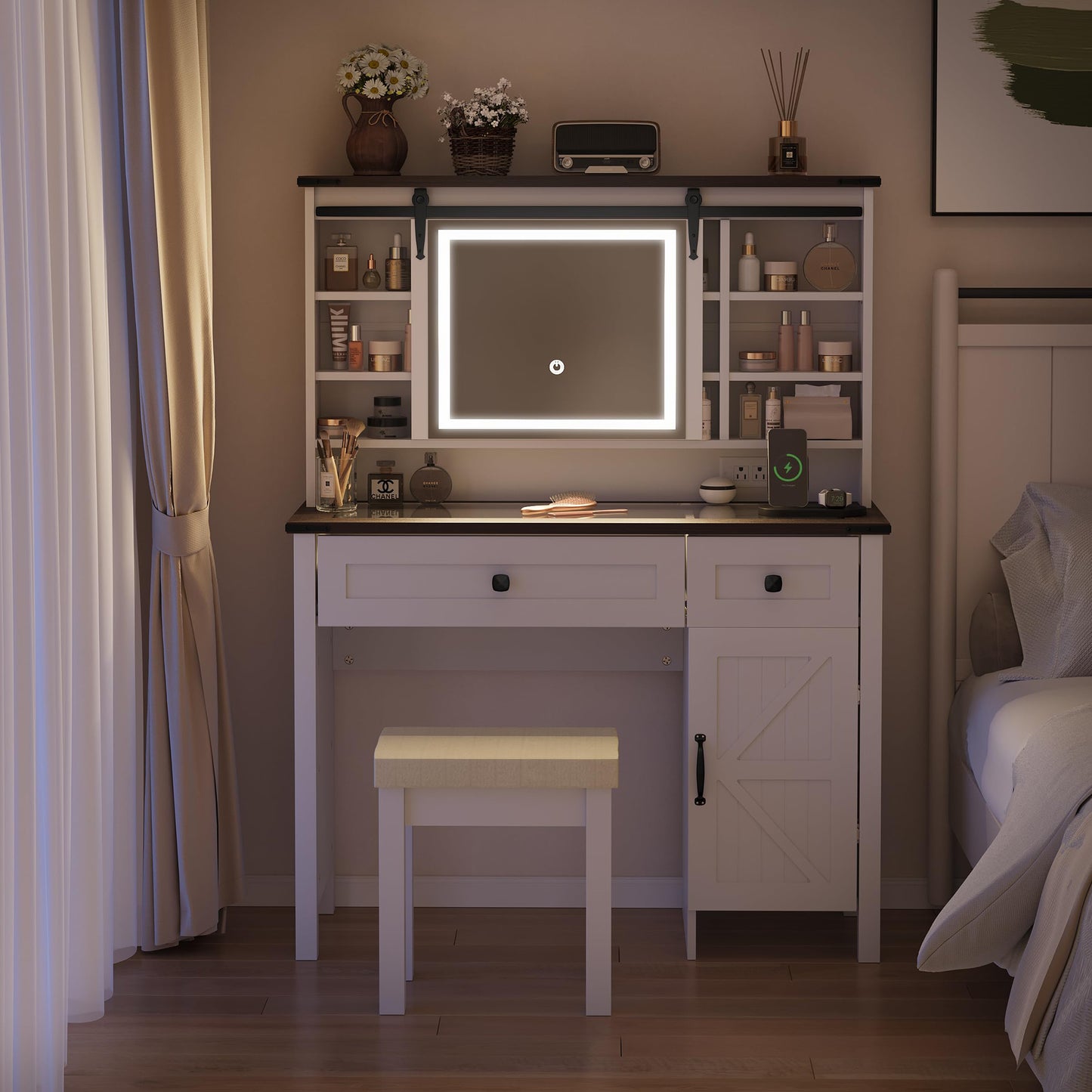 Smart FENDEE Farmhouse Makeup Vanity with Power Outlet,Glass Top,Sliding Mirror, Bedroom,White,Adult