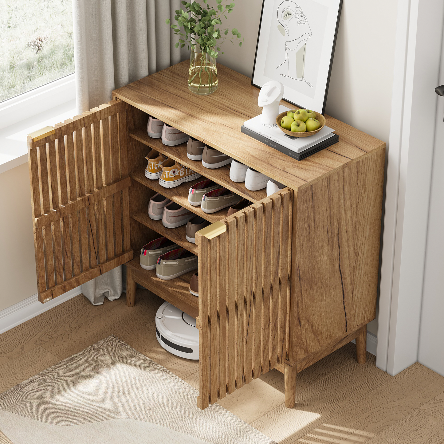 Algherohein Mid-Century Shoe Cabinet, 7-Tier, Adjustable Shelves, 20-24 Pair Capacity, Walnut