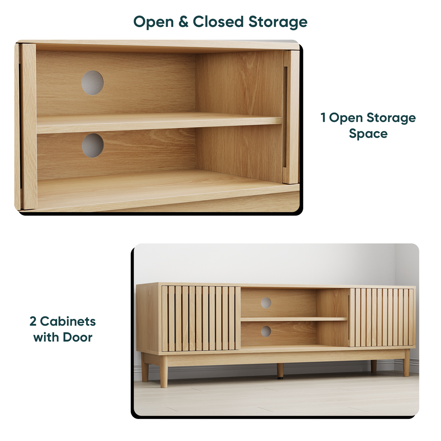Semiocthome 55" TV Stand with Slatted Doors and Cable Holes, Entertainment Center for Living Room, Natural