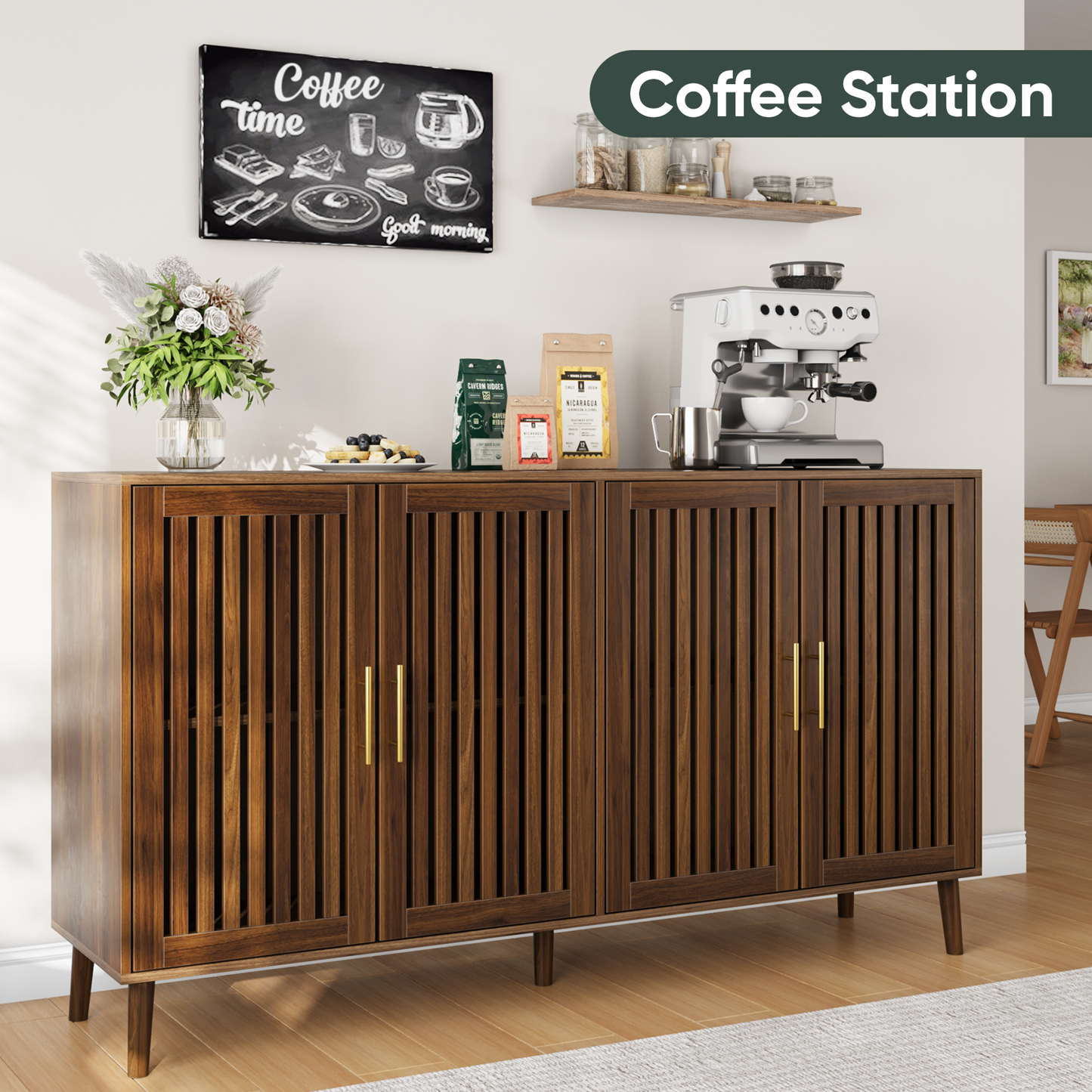 Semiocthome Sideboards and Buffets with 4 Doors and Adjustable Shelve,Coffee Bar for Kitchen, Walnut