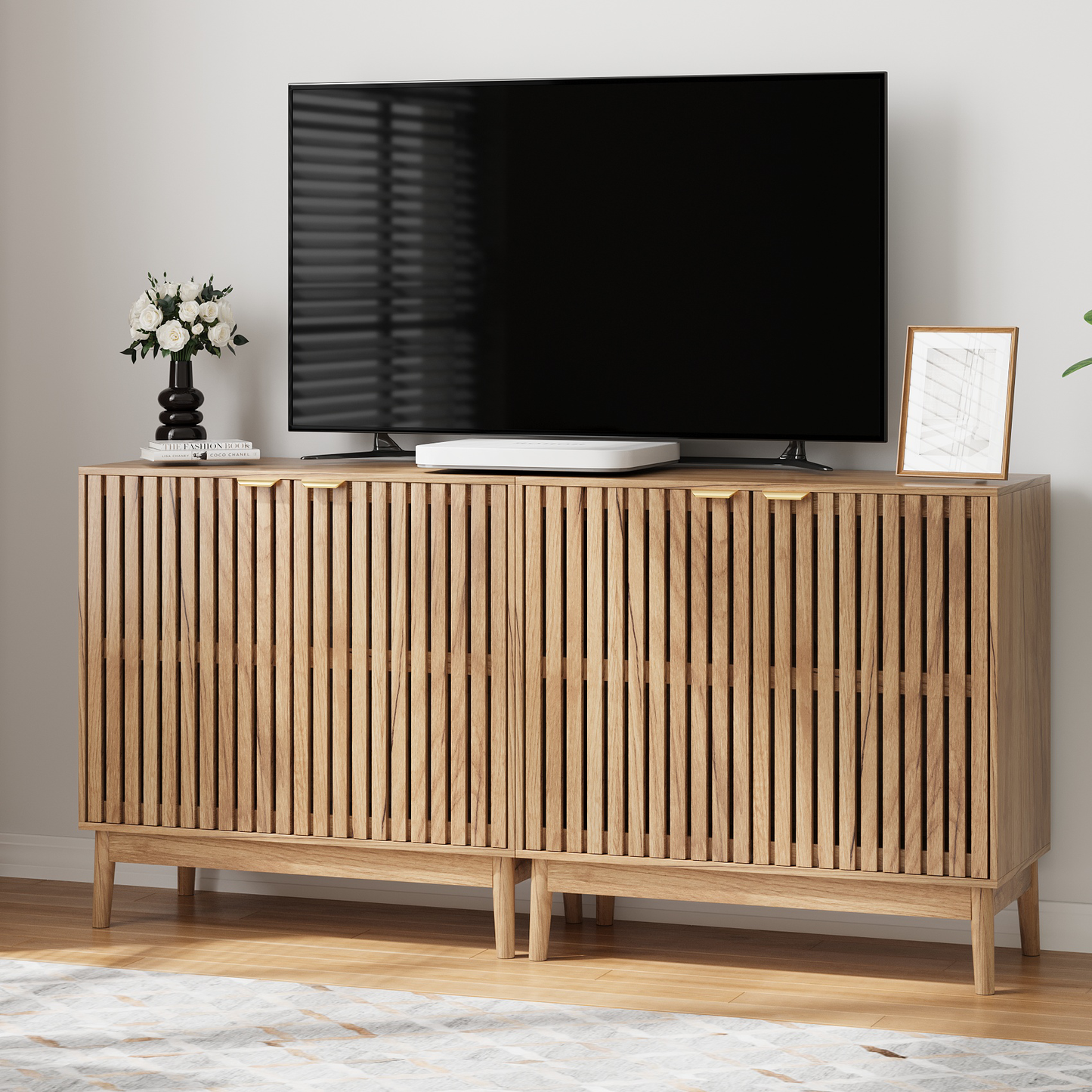 Algherohein Sideboard Cabinet with 4 Door & Adjustable Shelves, Kitchen Storage Organizer, Home Decor TV Stand for Living Room, Oak