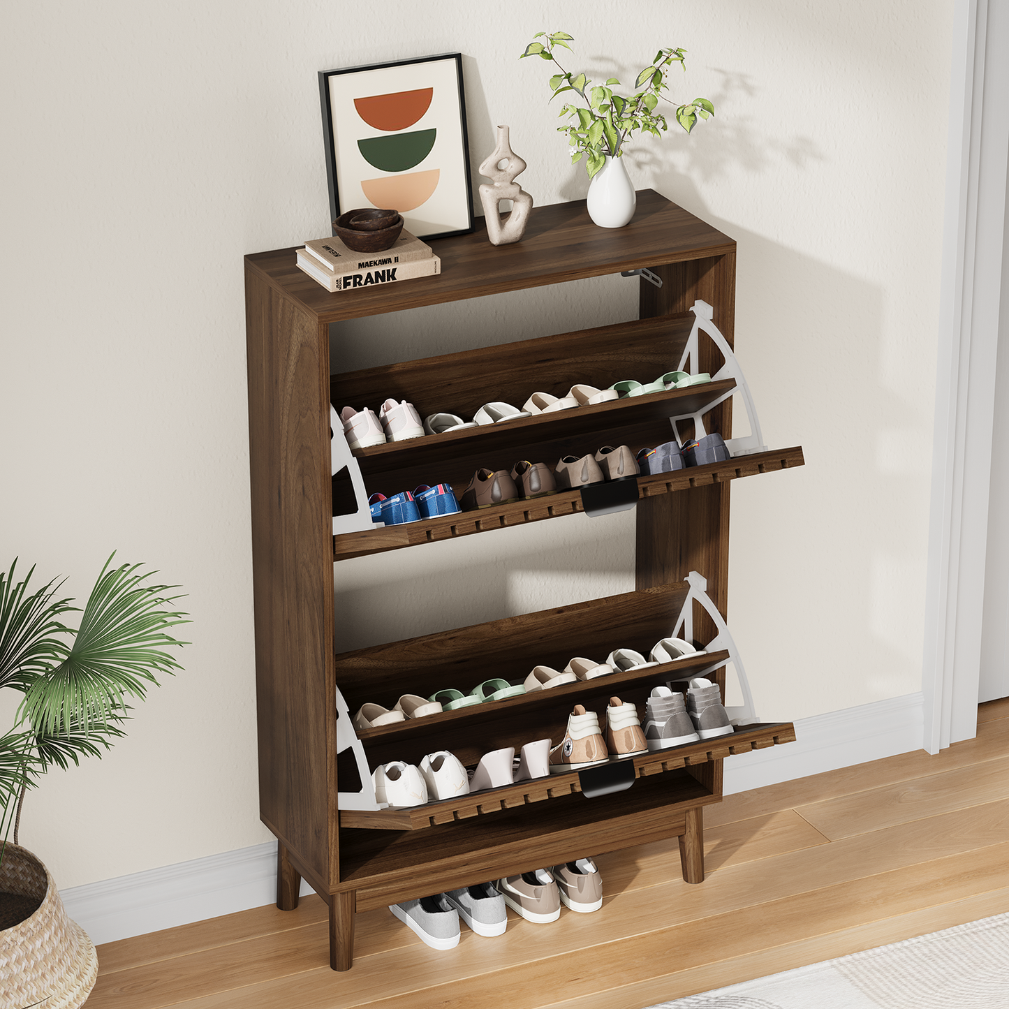Semiocthome Modern Slim Space Saving Shoe Cabinet 2 Flip Down Slatted Doors 15 Pair Capacity Walnut 23.6 Inch Width