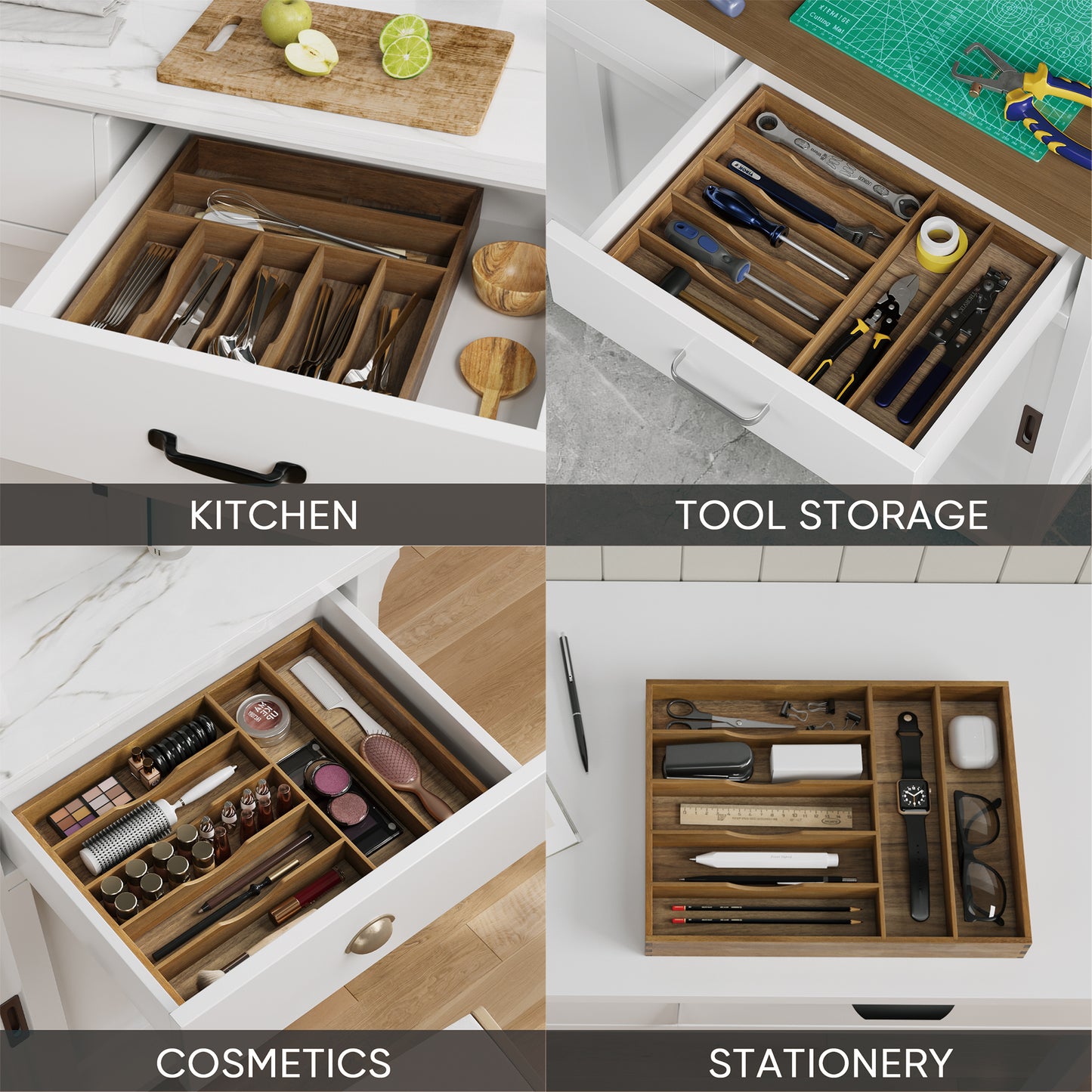 Semiocthome Drawer Organizer Silverware Organizer Kitchen Utensil Holder,7 Slots, Acacia Wood