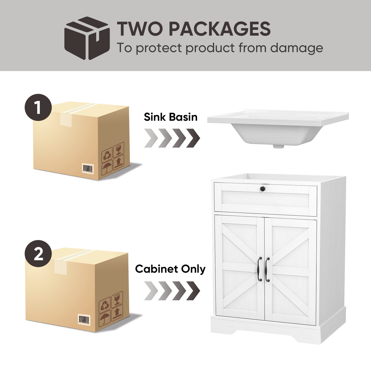 24" Bathroom Vanity with Ceramic Sink, Freestanding Bathroom Storage Cabinet with Barn Door and Flip-Down Drawer, White