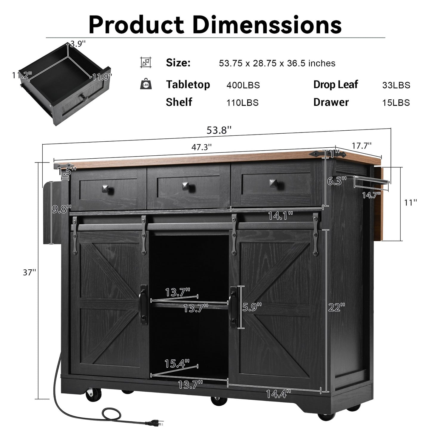 Algherohein Kitchen Island Cart with 2 Sliding Door and 3 Drawer,Storage Microwave Cart