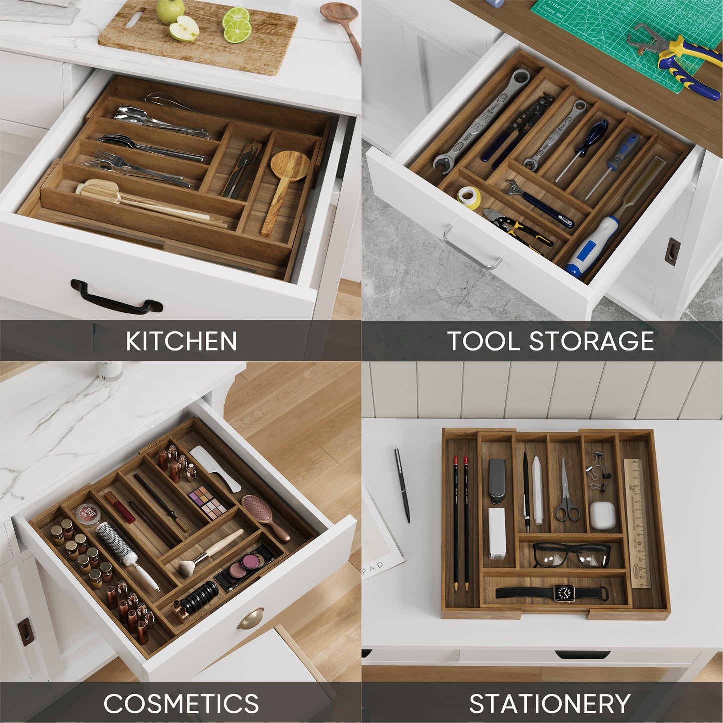 Semiocthome Acacia Wood Silverware Organizer Expandable Storage Drawer Organizer for Kitchen,8 Slot