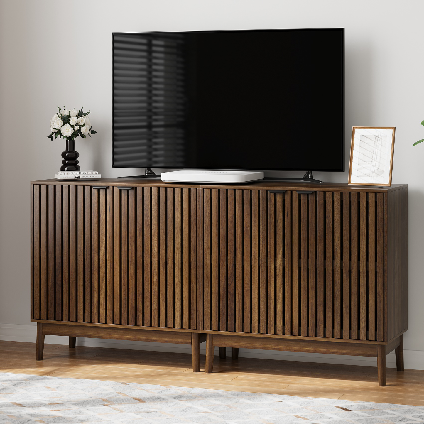 Algherohein Sideboard Cabinet with 4 Door & Adjustable Shelves, Kitchen Storage Organizer, Home Decor TV Stand for Living Room, Oak