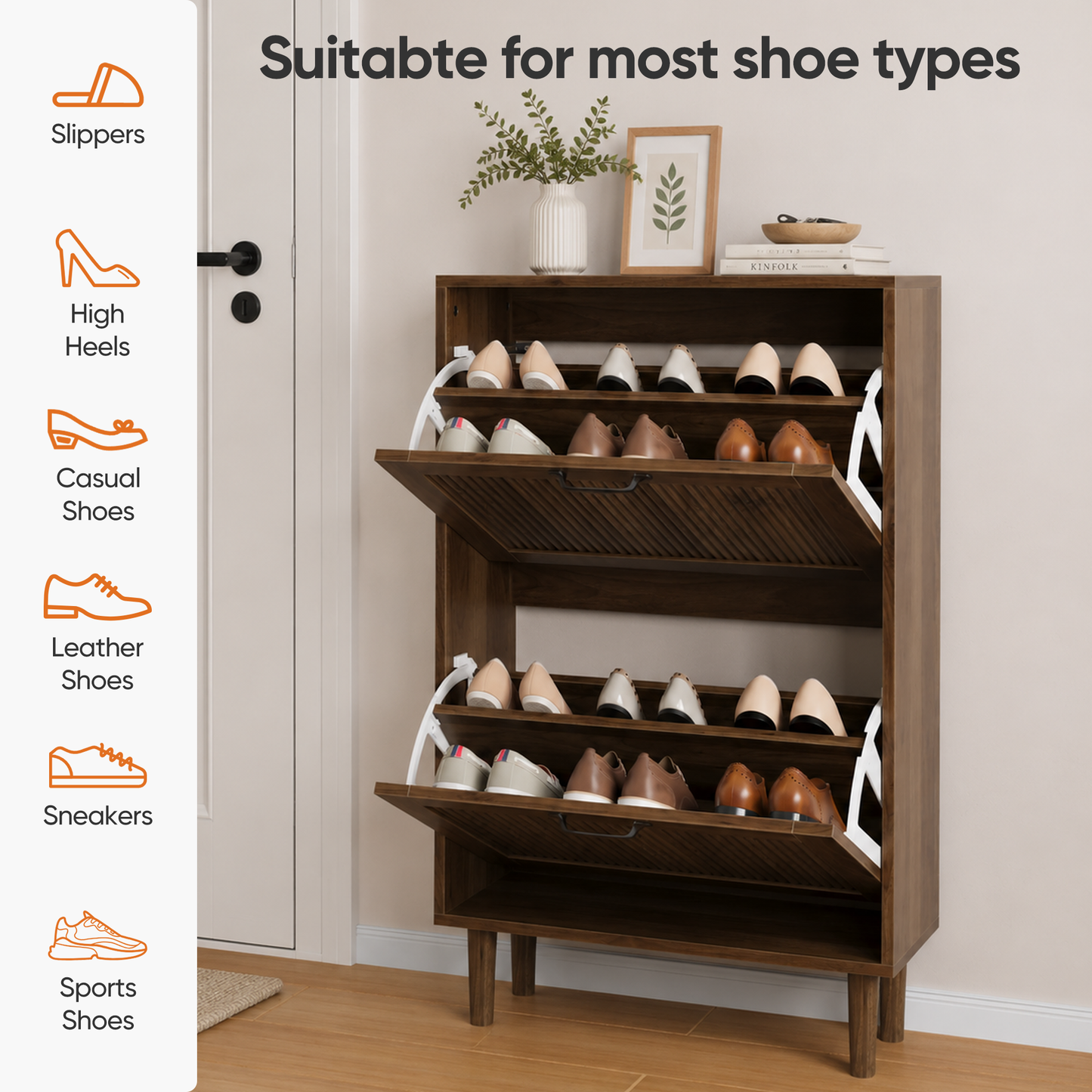 Algherohein Slim Hidden Shoe Cabinet with Fluted Doors, Flip Down Shoe Storage Cabinet Organizer, Freestanding Wood Entryway Shoe Rack
