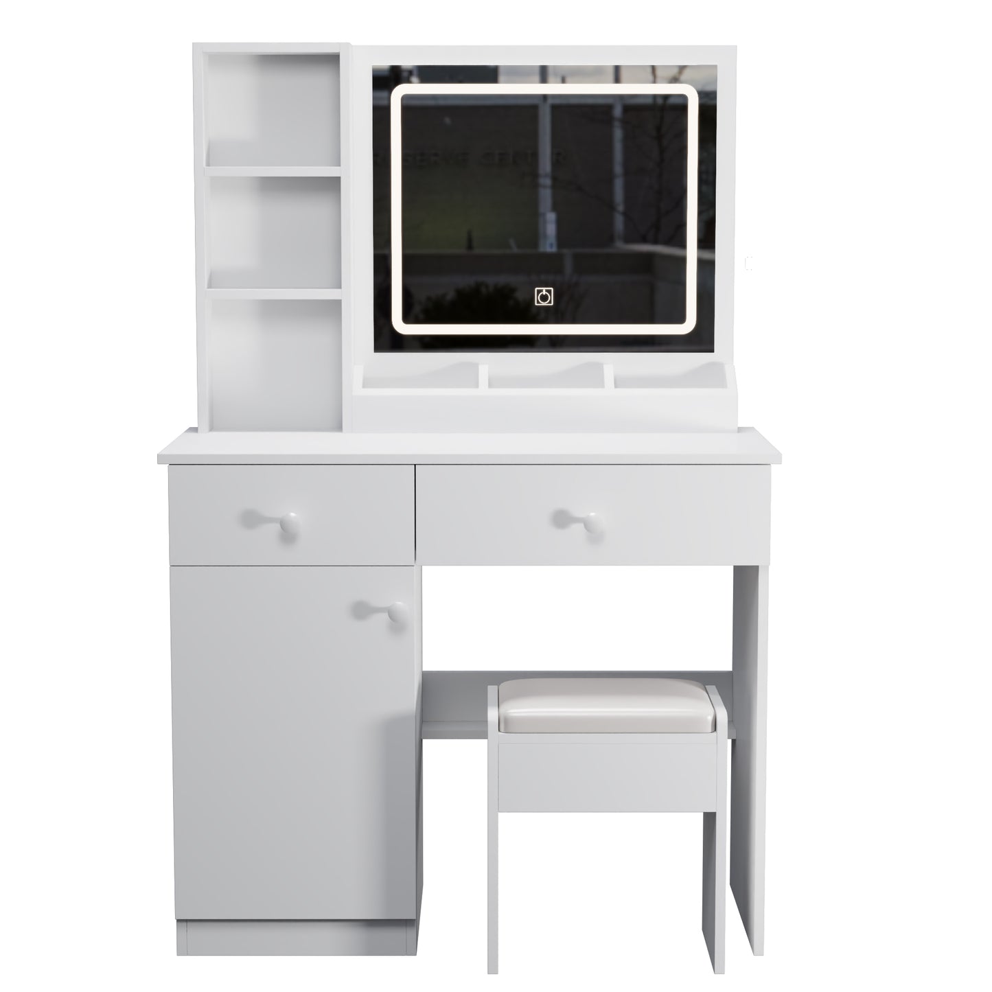 Smart FENDEE Modern Vanity with Makeup Stool Dressing Table with hair dryer holder,Bedroom,White