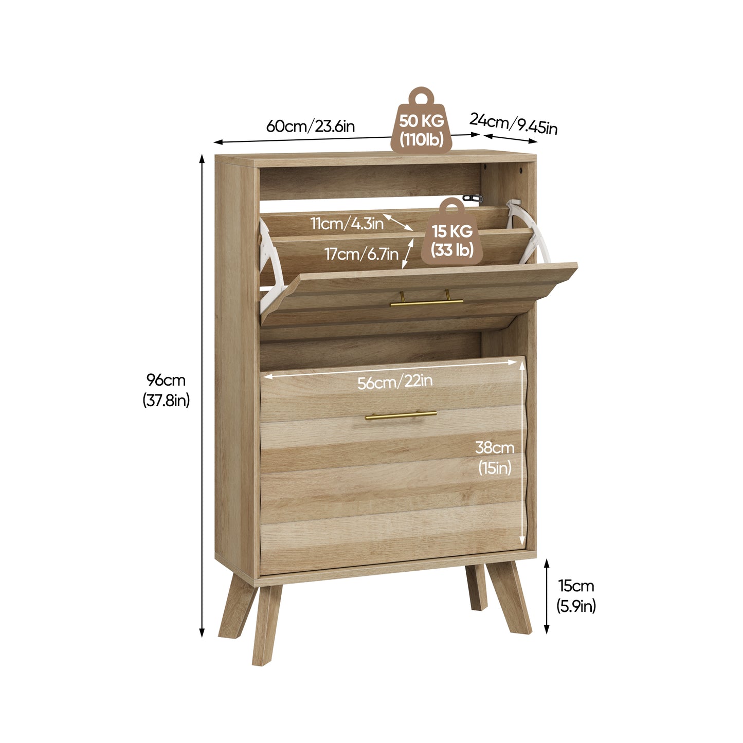 Semiocthome Mid-Century Shoe Cabinet, Shoe Storage with 2 Wavy Texture Drawers for Hallway, Natural