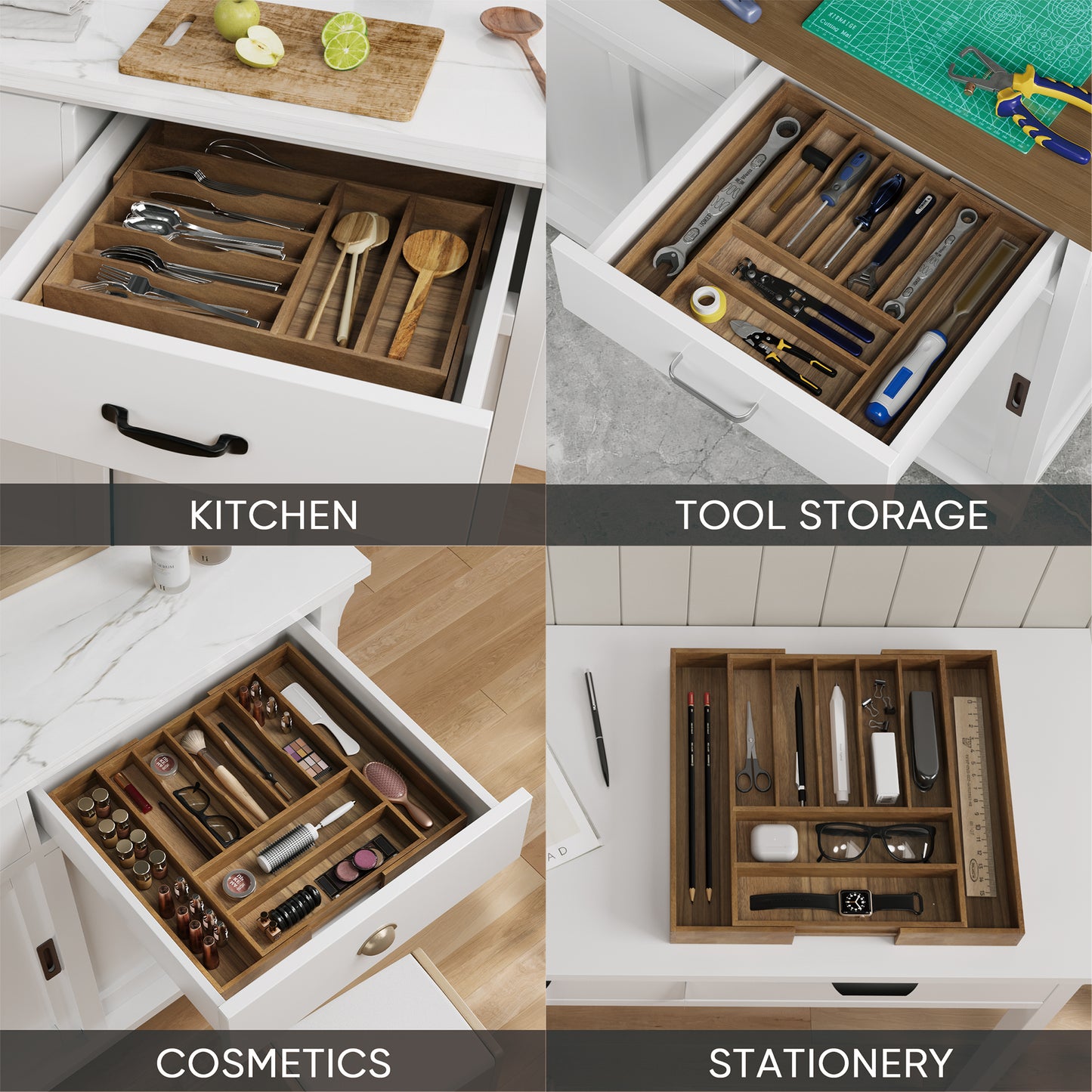 Semiocthome Acacia Wood Silverware Organizer Expandable Storage Drawer Organizer for Kitchen,9 Slot