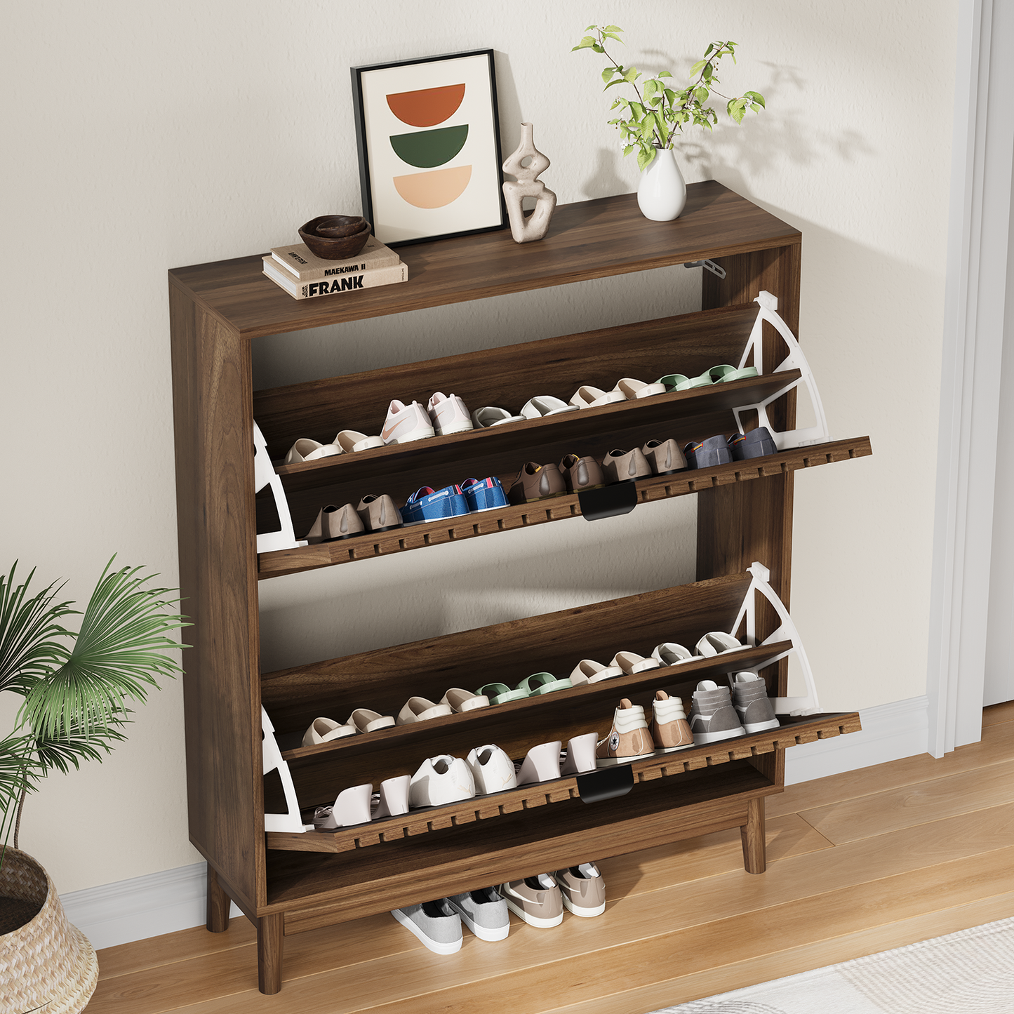 Semiocthome 31.5" Modern Shoe Cabinet, Shoe Storage Cabinet with 2 Flip Drawers for Entryway, Walnut