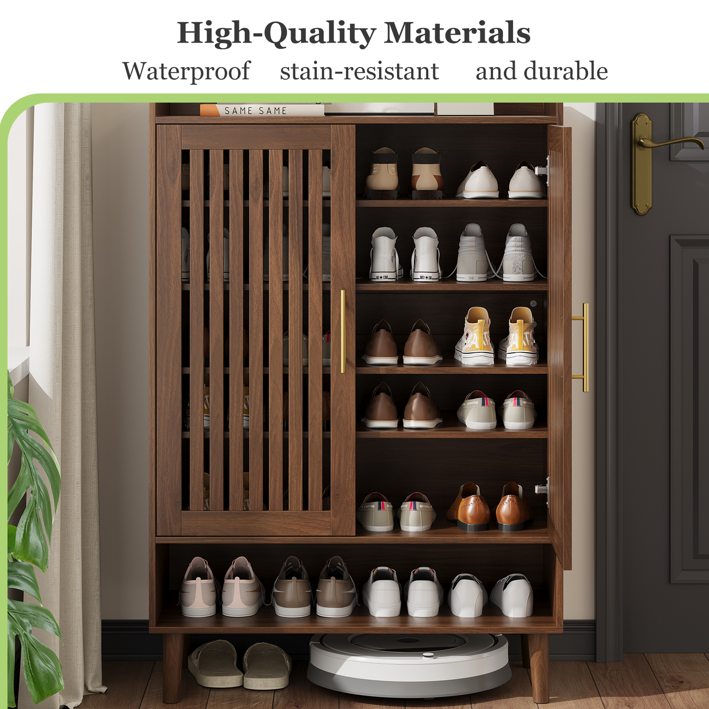 Algherohein 16-20 Pairs Shoe Storage Cabinet with Flip-Down Drawers,Freestanding Entryway Slim Shoe Cabinet, Oak