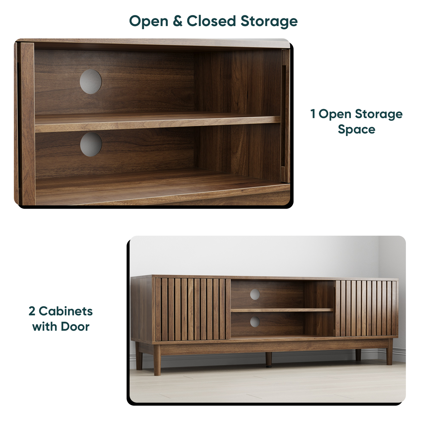 Semiocthome 55" TV Stand with Slatted Doors and Cable Holes, Entertainment Center for Living Room, Walnut