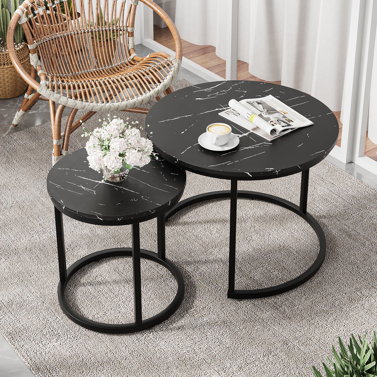 Algherohein Round Nesting Coffee Table Modern Set of 2 for Living Room
