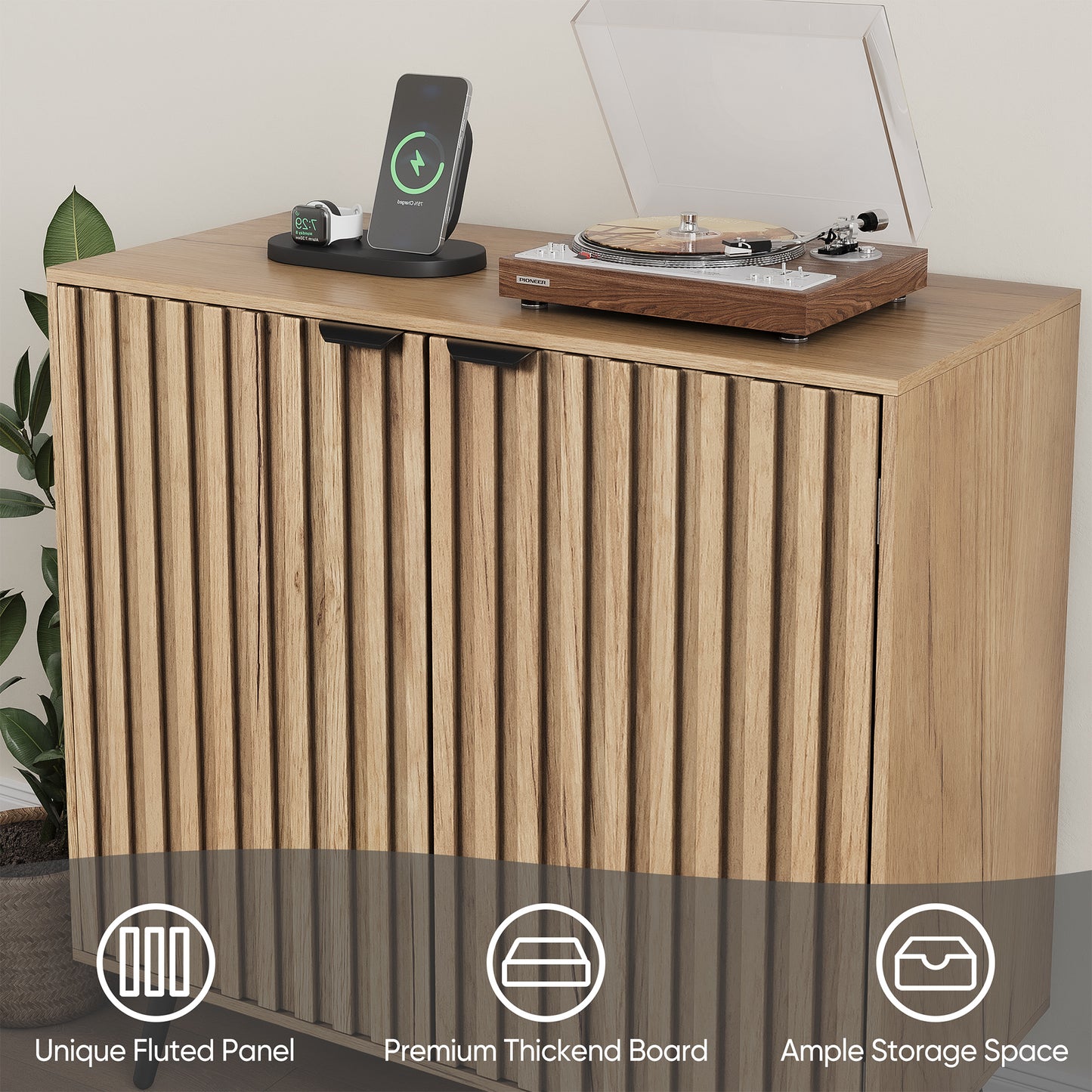 Semiocthome Sideboard Cabinet with 2 Fluted Doors and 1 Adjustable Shelves for Dining Room, Natural