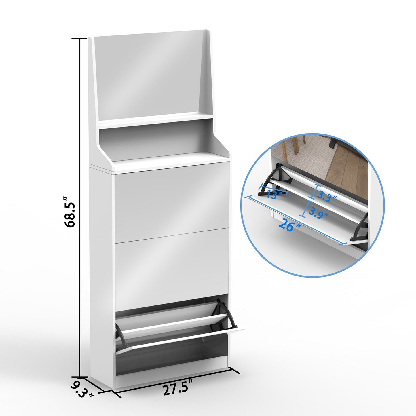 Algherohein Shoe Storage Cabinet with Mirrors,3 Srawers Shoe Rack for Entryway,White