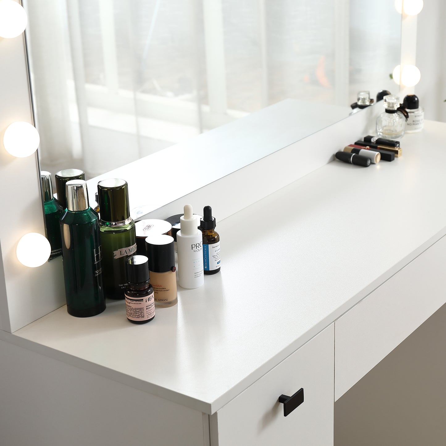 Semiocthome Vanity table with 3 color Lighted Mirror, Makeup Desk with 3 Drawers and 2 Storage Cabinet, White