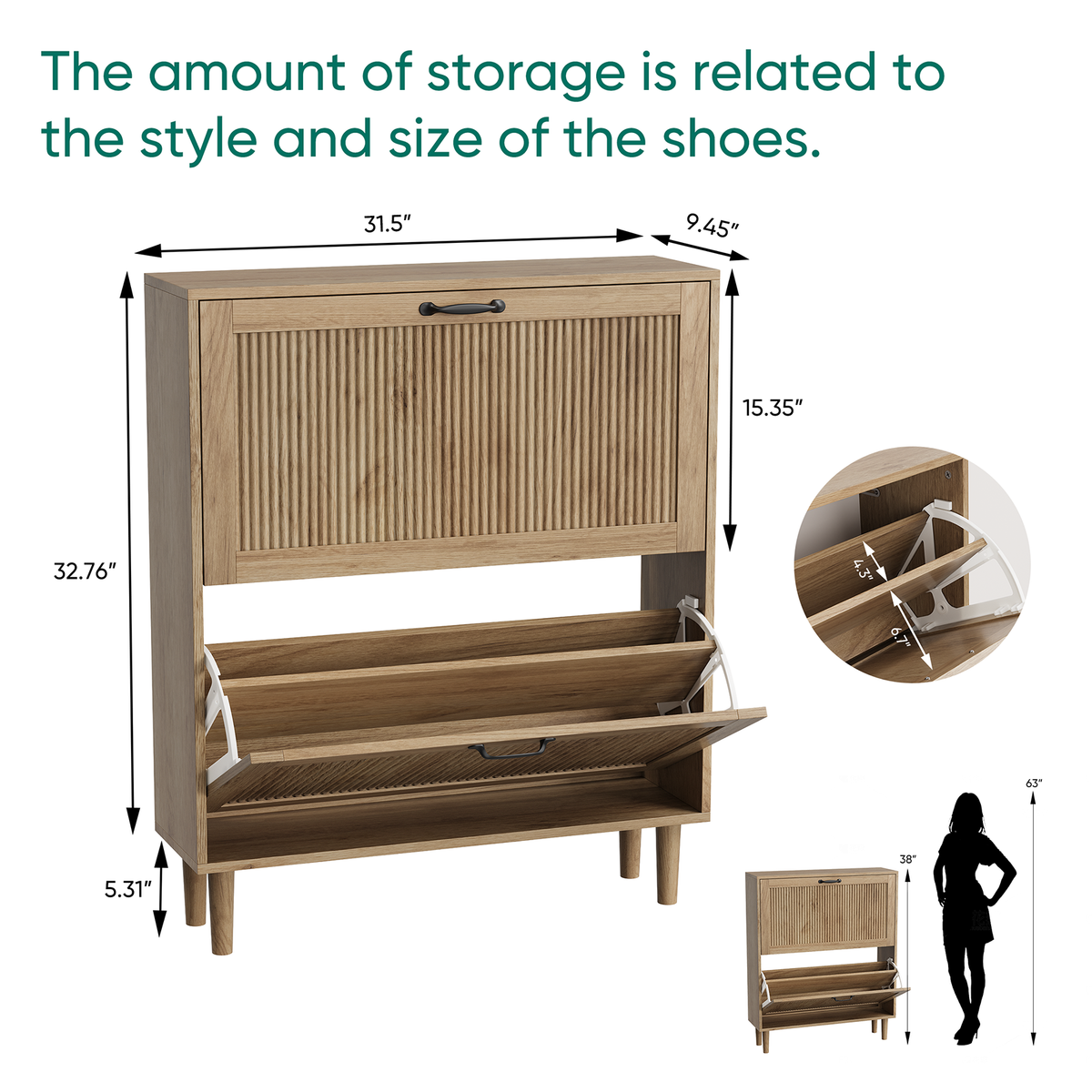 Semiocthome 31.5" Shoe Cabinet with 2 Flip Drawers, Small Fluted Doors, Shoe Storage Cabinet for Entryway,Natural