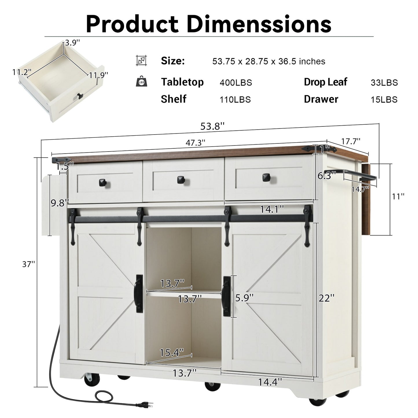Algherohein Kitchen Island Cart with 2 Sliding Door and 3 Drawer,Storage Microwave Cart