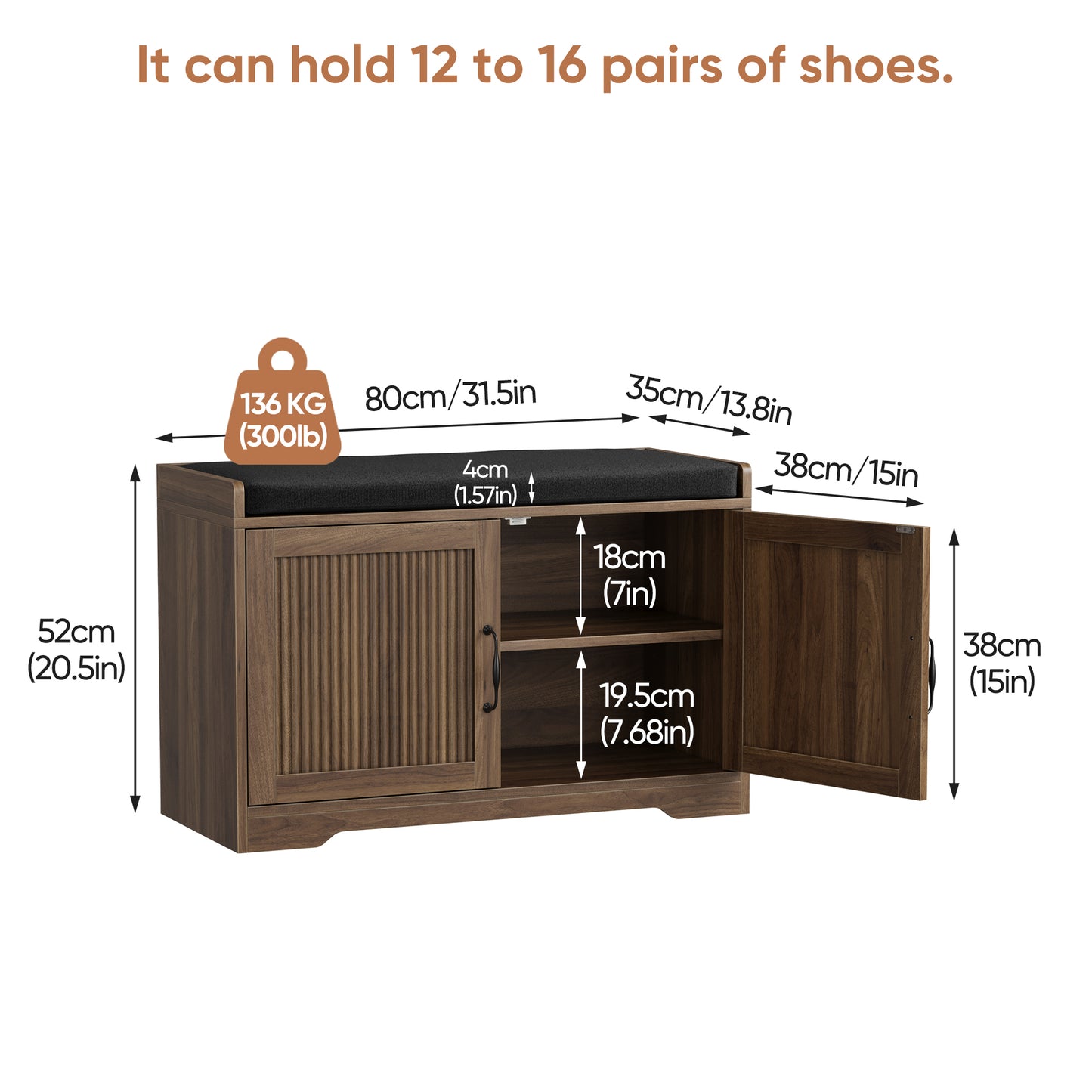 Semiocthome Shoe Bench with Storage for Entryway, Shoe Cabinet with Thick Padded Cushion, Walnut