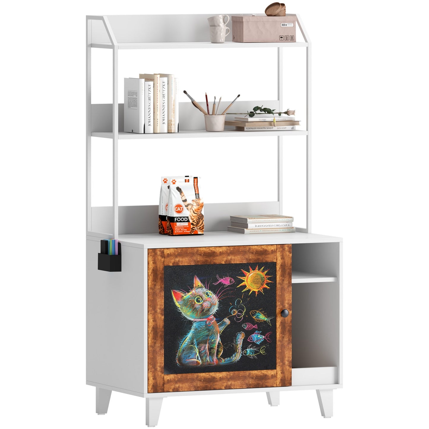 Algherohein Wood Cat Litter Box Enclosure with 2 Shelves and 1 Door,Graffiti Hidden Cat Box