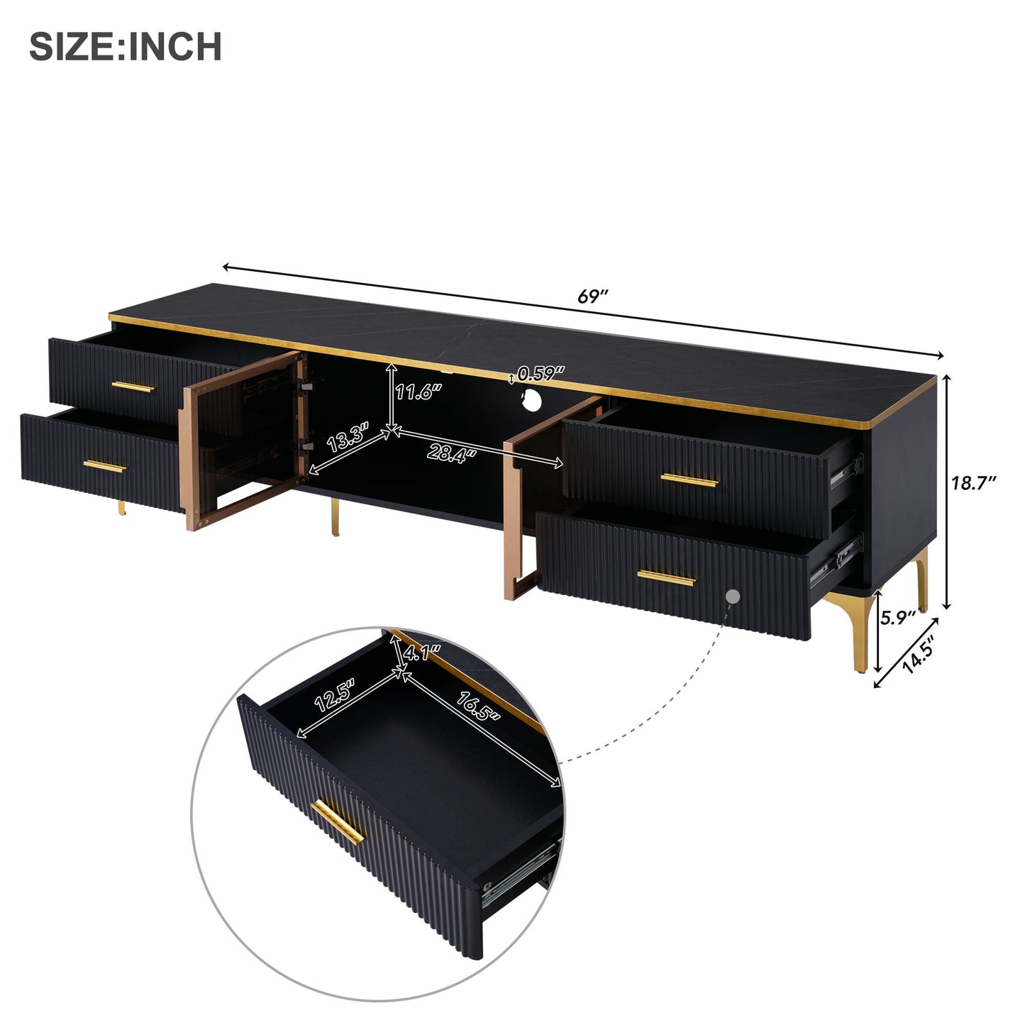 Semiocthome LED TV Stand for TVs Up to 78'' with Glass Cabinet and 4 Drawer, Living Room