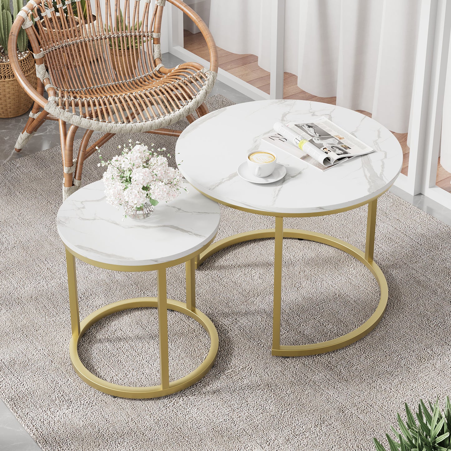 Algherohein Round Nesting Coffee Table Modern Set of 2 for Living Room