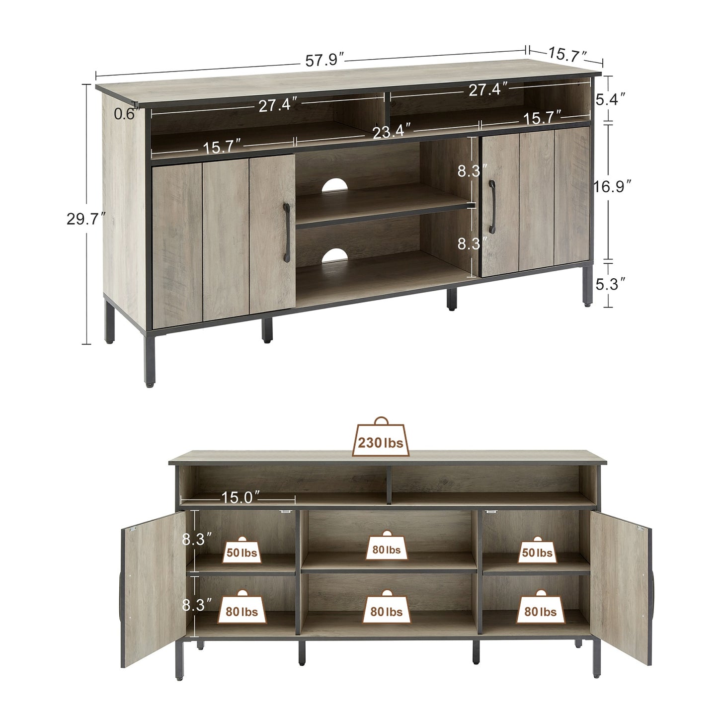 Algherohein Modern TV Stand for 65 inch,58in Length Entertainment Center for TVs Shelves Cabinets