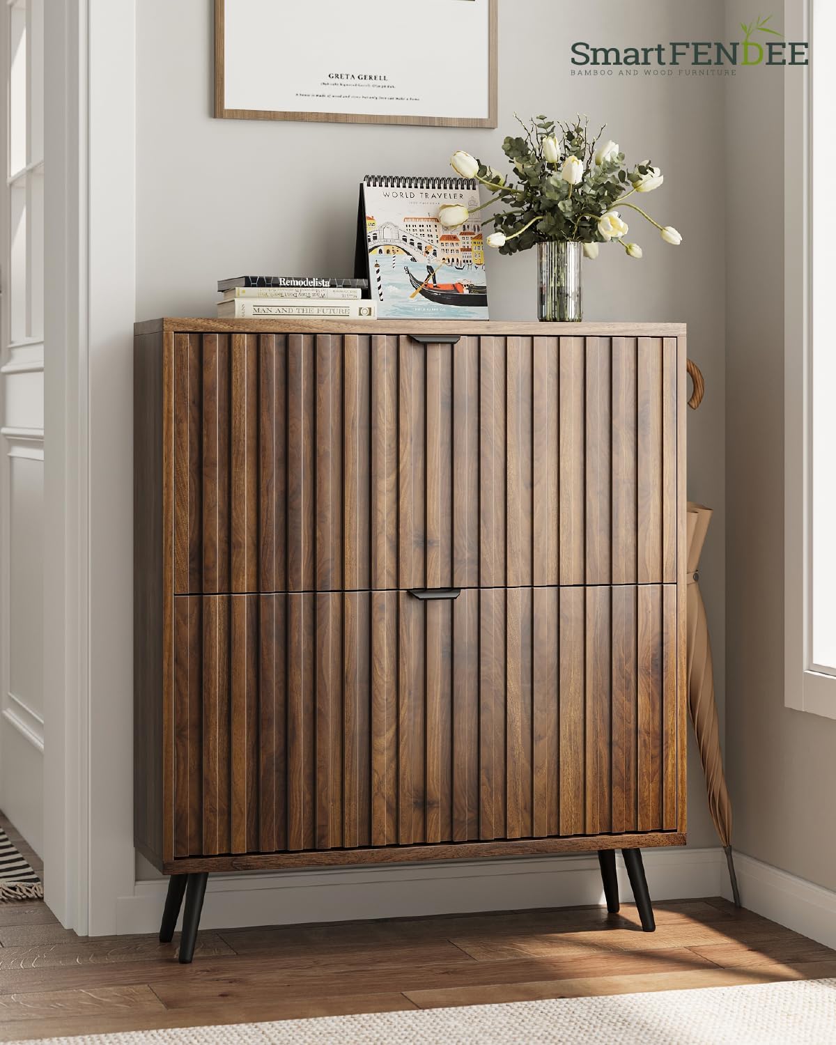 Smart FENDEE Shoe Cabinet with 2 Flip Drawers Freestanding Shoe Storage Cabinet for Entryway, 31.5 in, Walnut