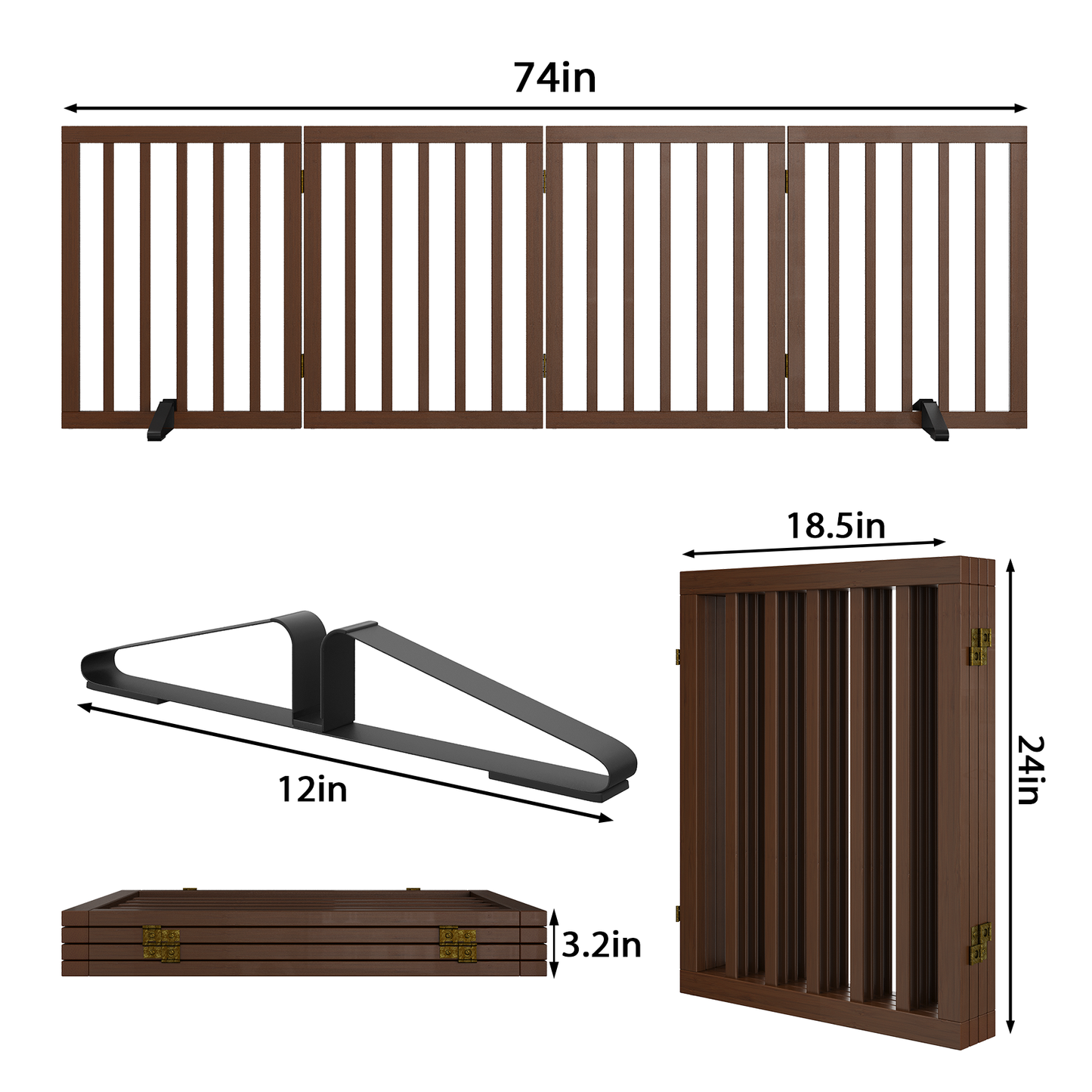 Smart FENDEE Bamboo Dog Gate Freestanding 4 Panel Pet Gate for Doorways, 2 Support Feet, Espresso