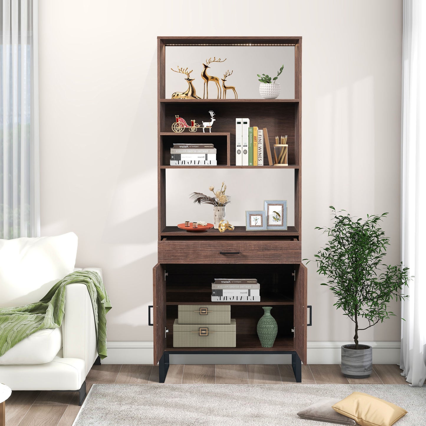 Semiocthome 75.9" Wooden Bookcase with Storage Doors and drawer Display Rack for Living Room,Brown