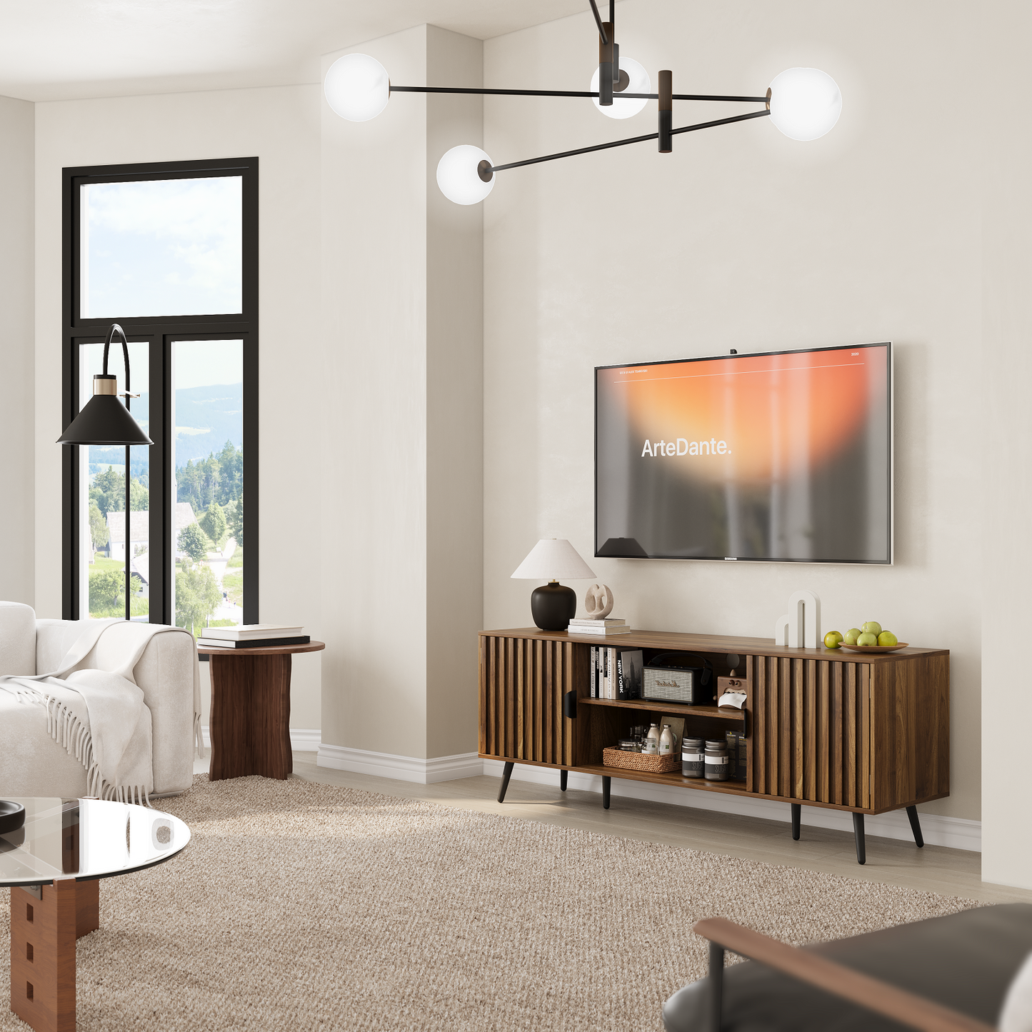 Smuxee Entertainment Center for TVs,Fluted TV Stands for 65 Inch TV,Walnut