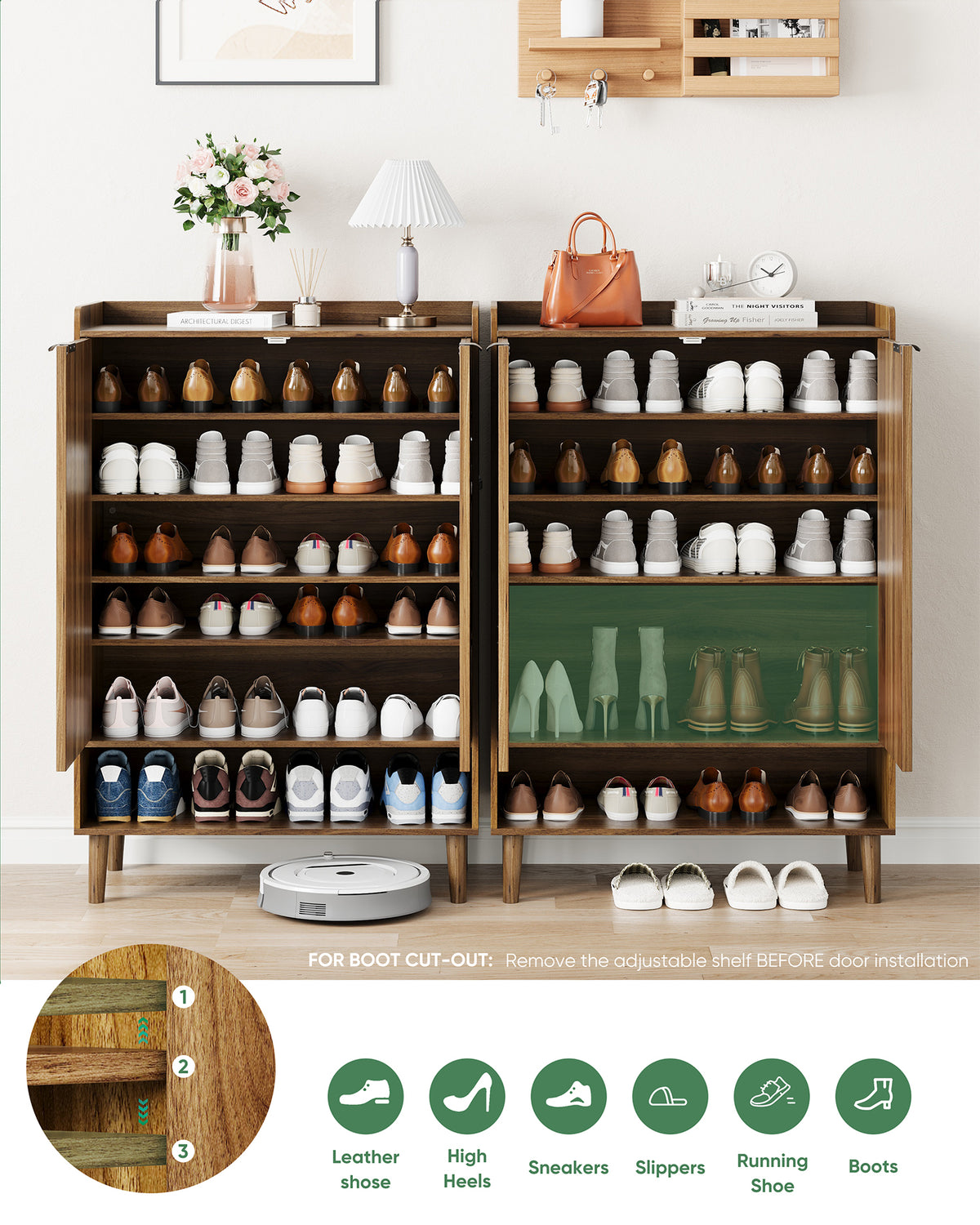 Smart FENDEE 6-Tier Shoe Storage Cabinet with 2 Fluted Doors, Entryway Shoe Storage, Walnut