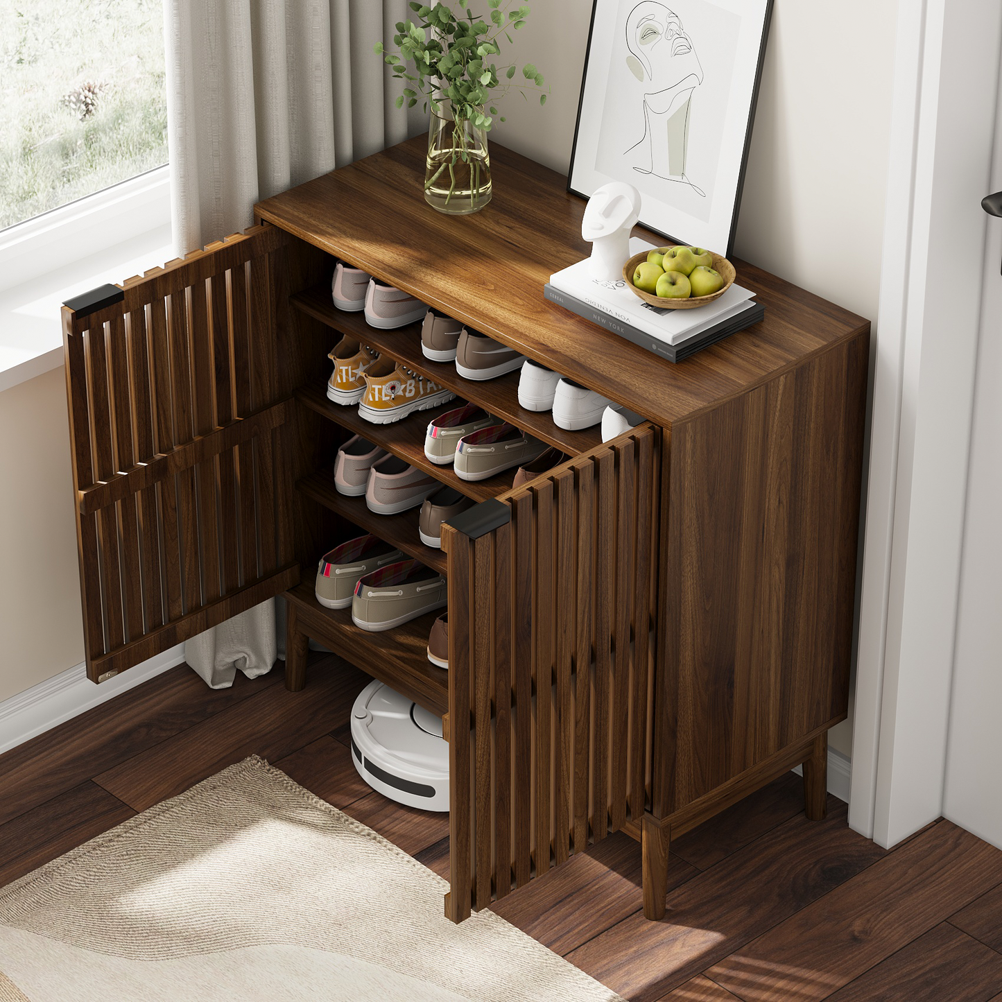 Algherohein Mid-Century Shoe Cabinet, 7-Tier, Adjustable Shelves, 20-24 Pair Capacity, Walnut