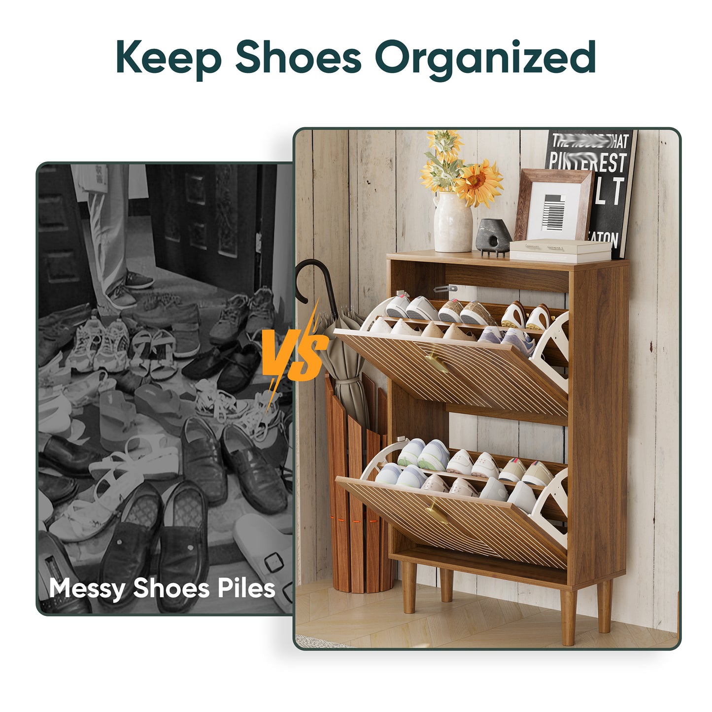Smart FENDEE Shoe Cabinet with 2 Flip Drawers, Shoe Rack for Entryway, Hallway, Living Room, Walnut