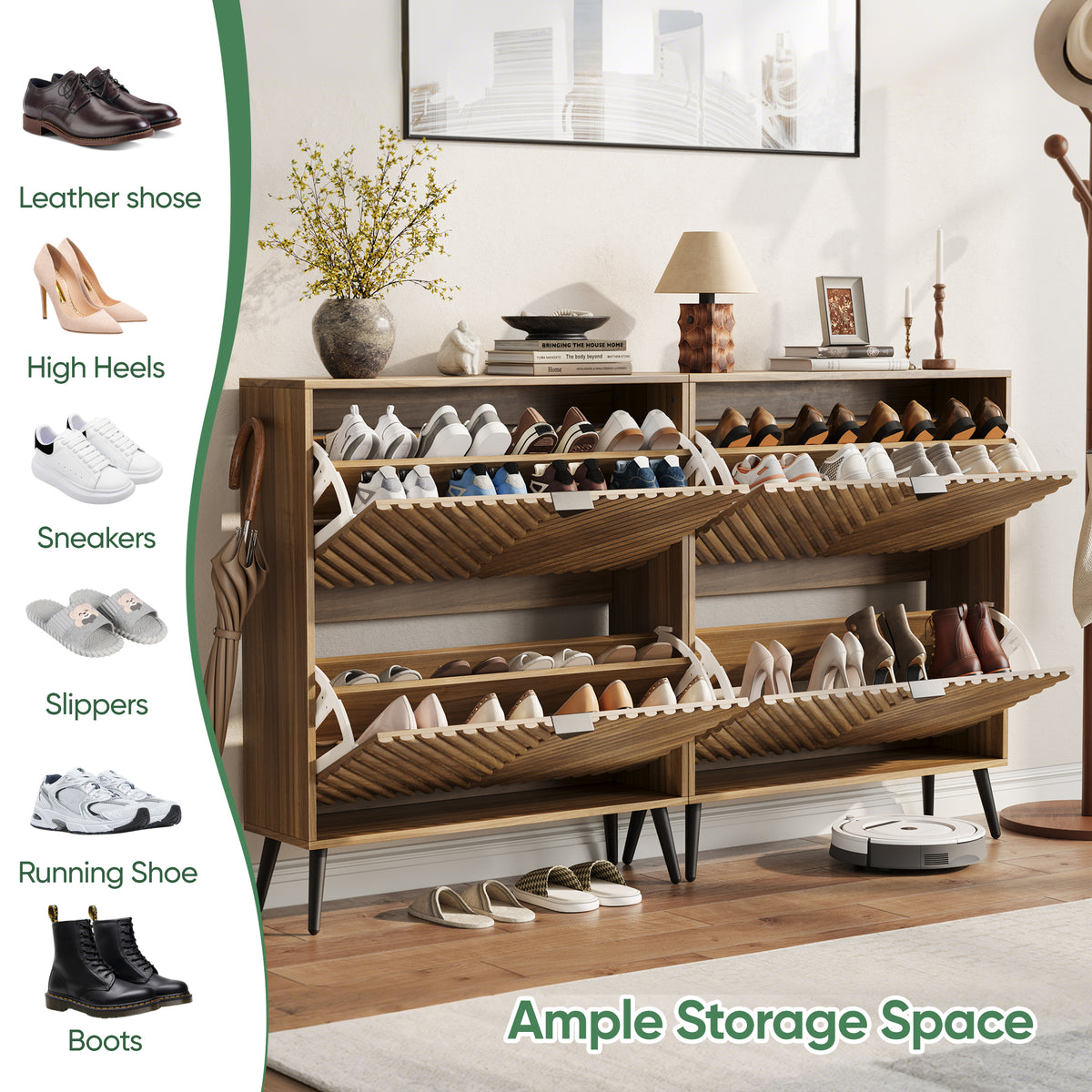 Smuxee Diamond Pattern Shoe Storage Cabinet for Entryway with 2 Flip Drawers，Freestanding Wood Hidden Shoe Organizer with Adjustable Shelves,Walnut 31.5"W