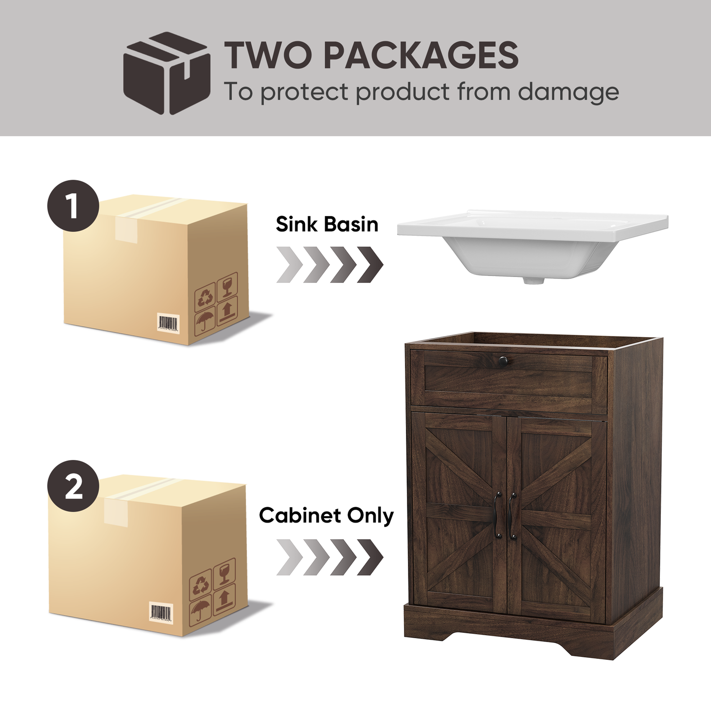 24" Bathroom Vanity with Ceramic Sink, Freestanding Bathroom Storage Cabinet with Barn Door and Flip-Down Drawer, Walnut